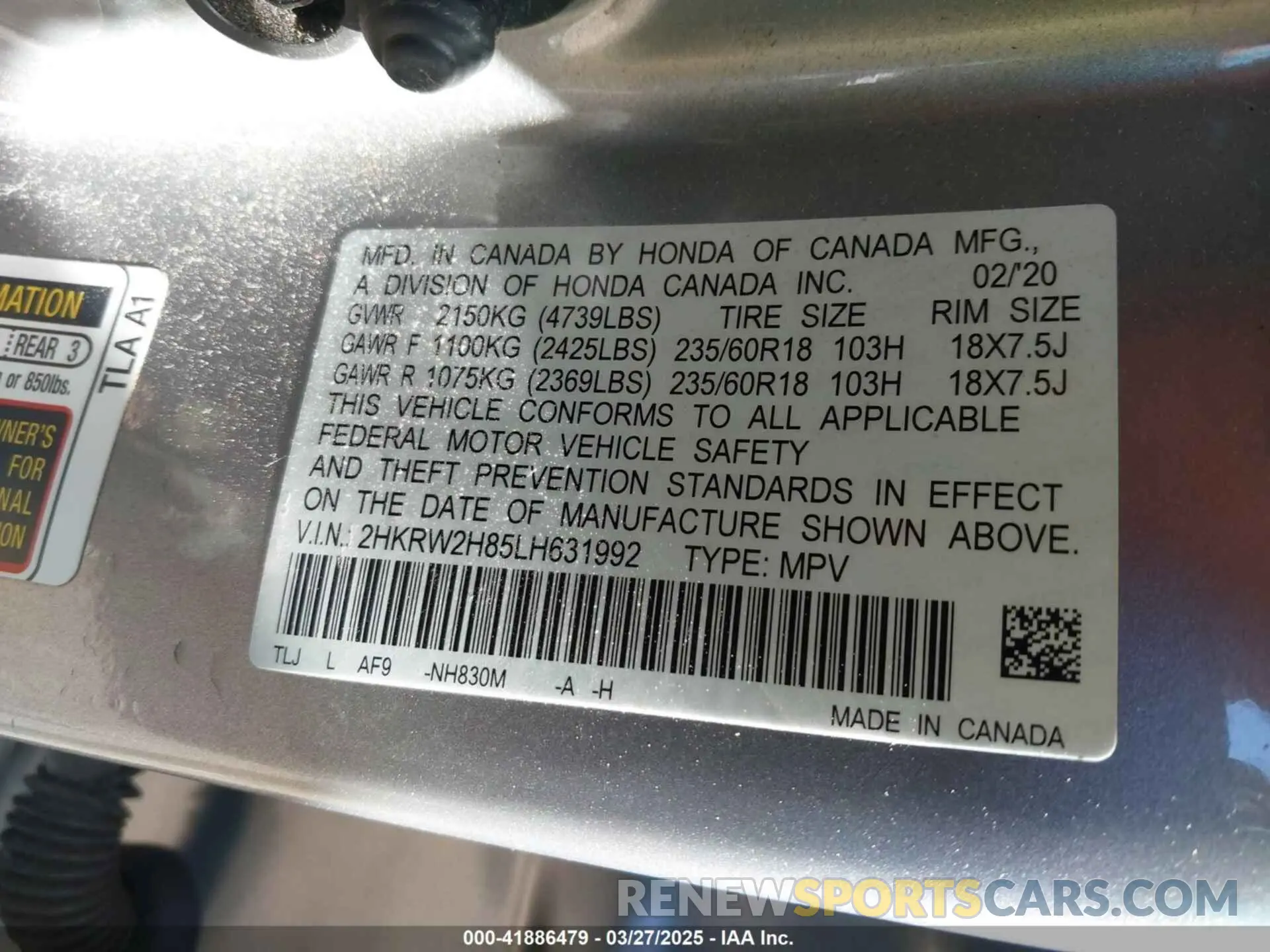 9 fotografías del automóvil dañado 2HKRW2H85LH631992 HONDA CR-V 2020