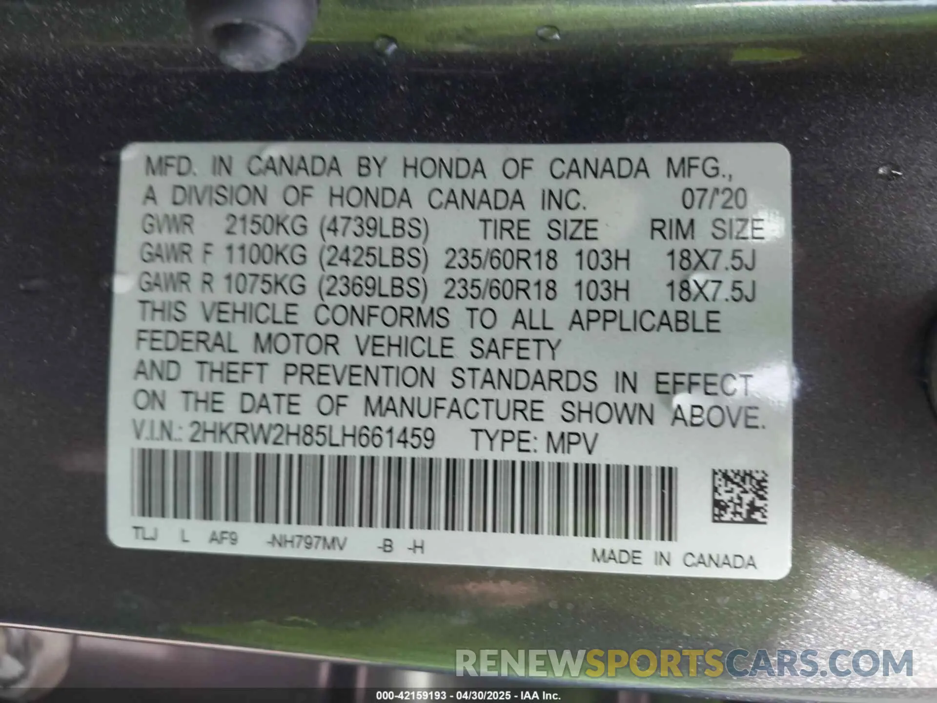 9 fotografías del automóvil dañado 2HKRW2H85LH661459 HONDA CR-V 2020