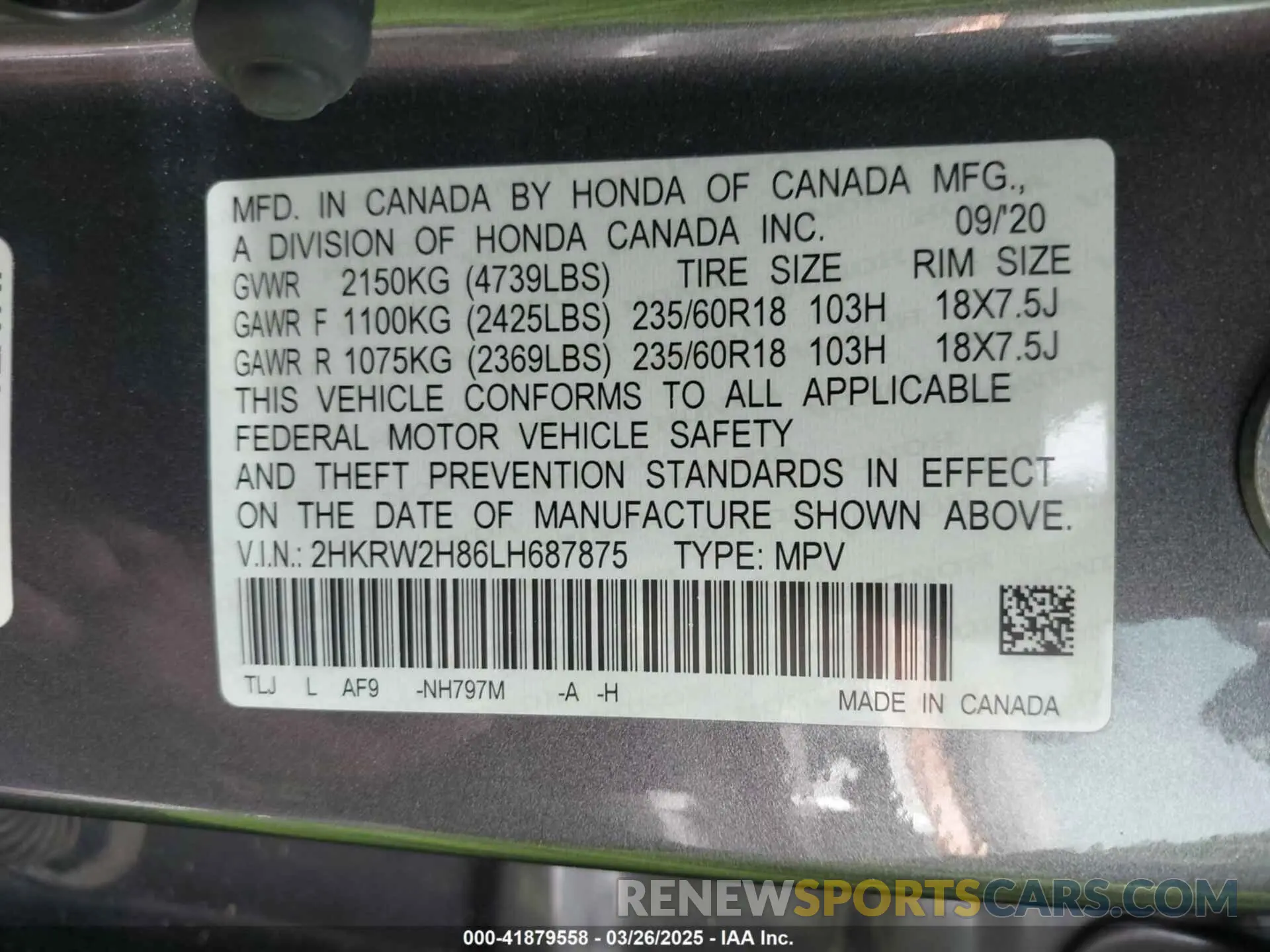 9 fotografías del automóvil dañado 2HKRW2H86LH687875 HONDA CR-V 2020