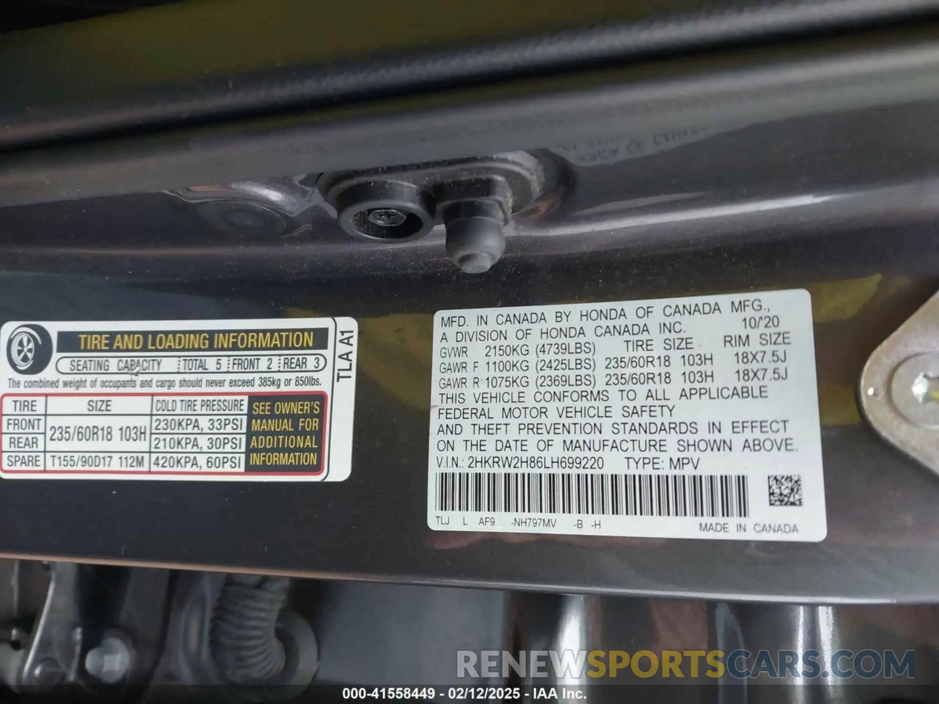 9 fotografías del automóvil dañado 2HKRW2H86LH699220 HONDA CR-V 2020