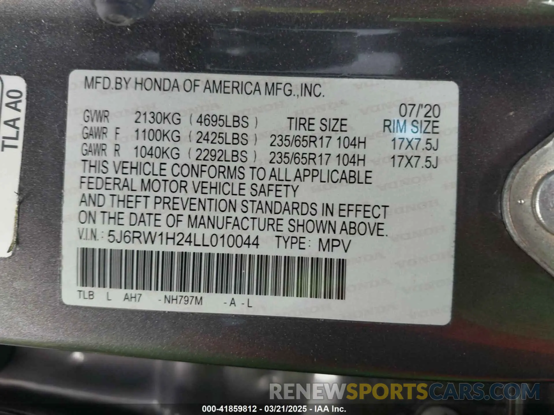 9 fotografías del automóvil dañado 5J6RW1H24LL010044 HONDA CR-V 2020