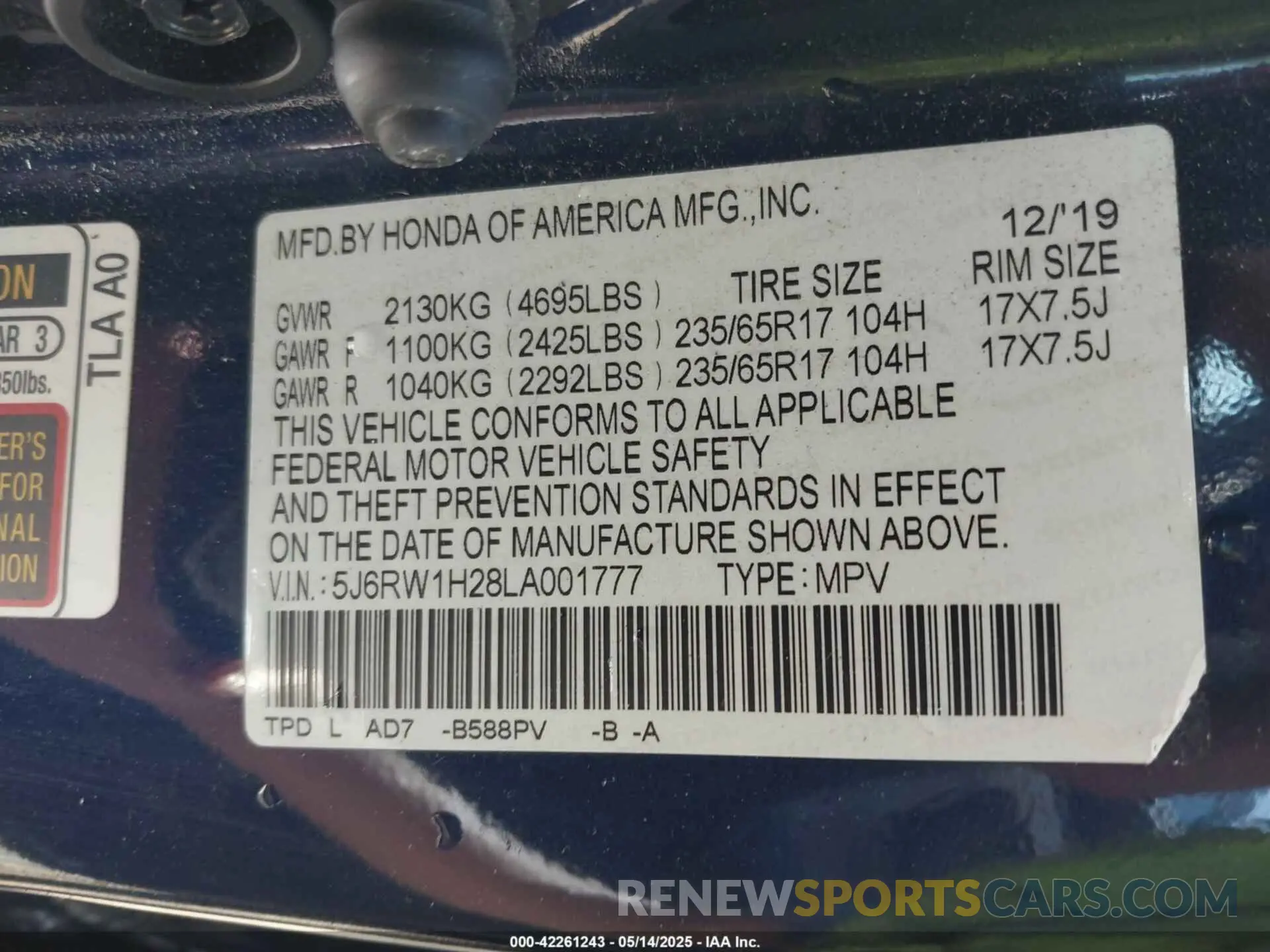 9 fotografías del automóvil dañado 5J6RW1H28LA001777 HONDA CR-V 2020