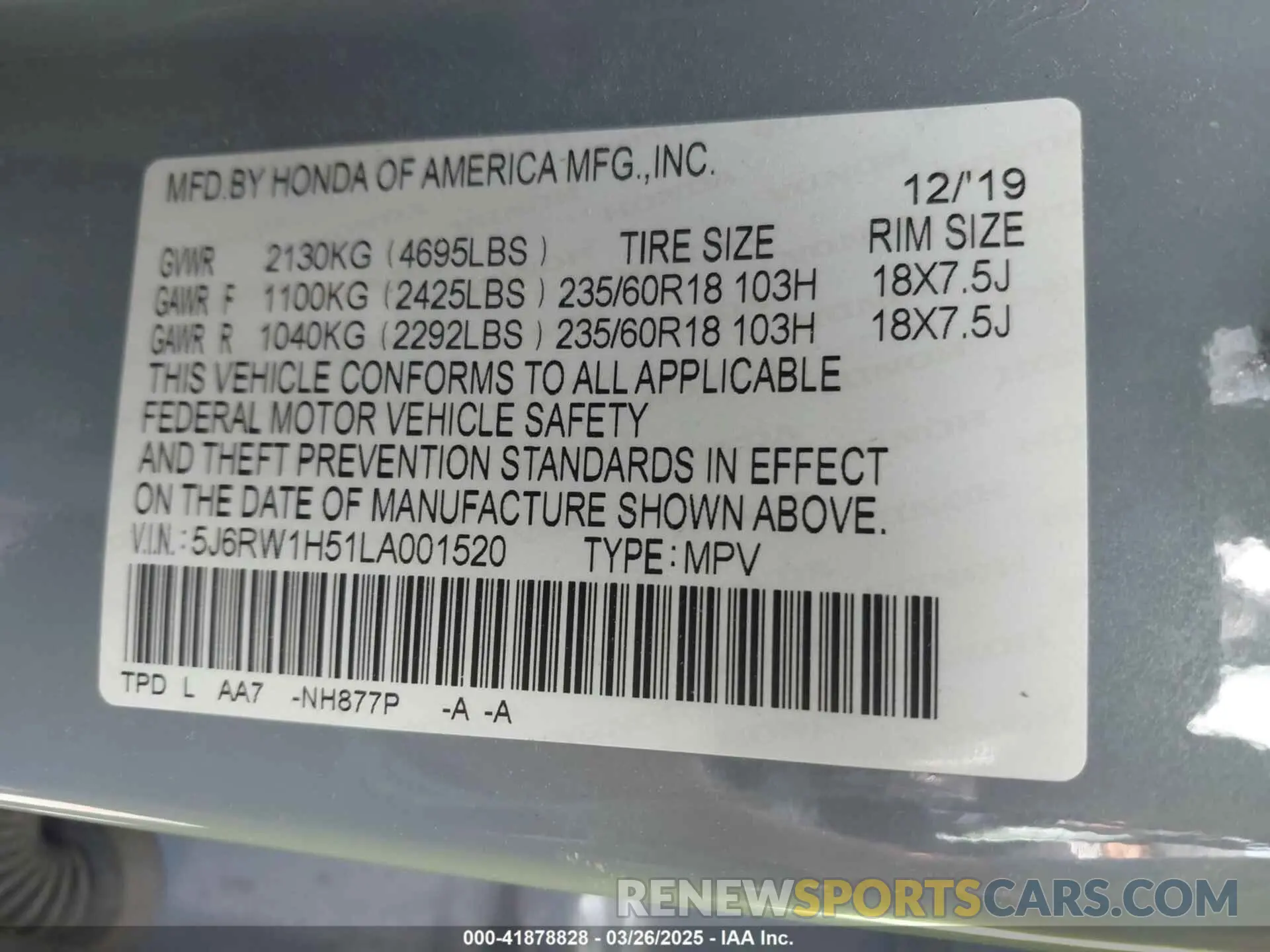 9 fotografías del automóvil dañado 5J6RW1H51LA001520 HONDA CR-V 2020