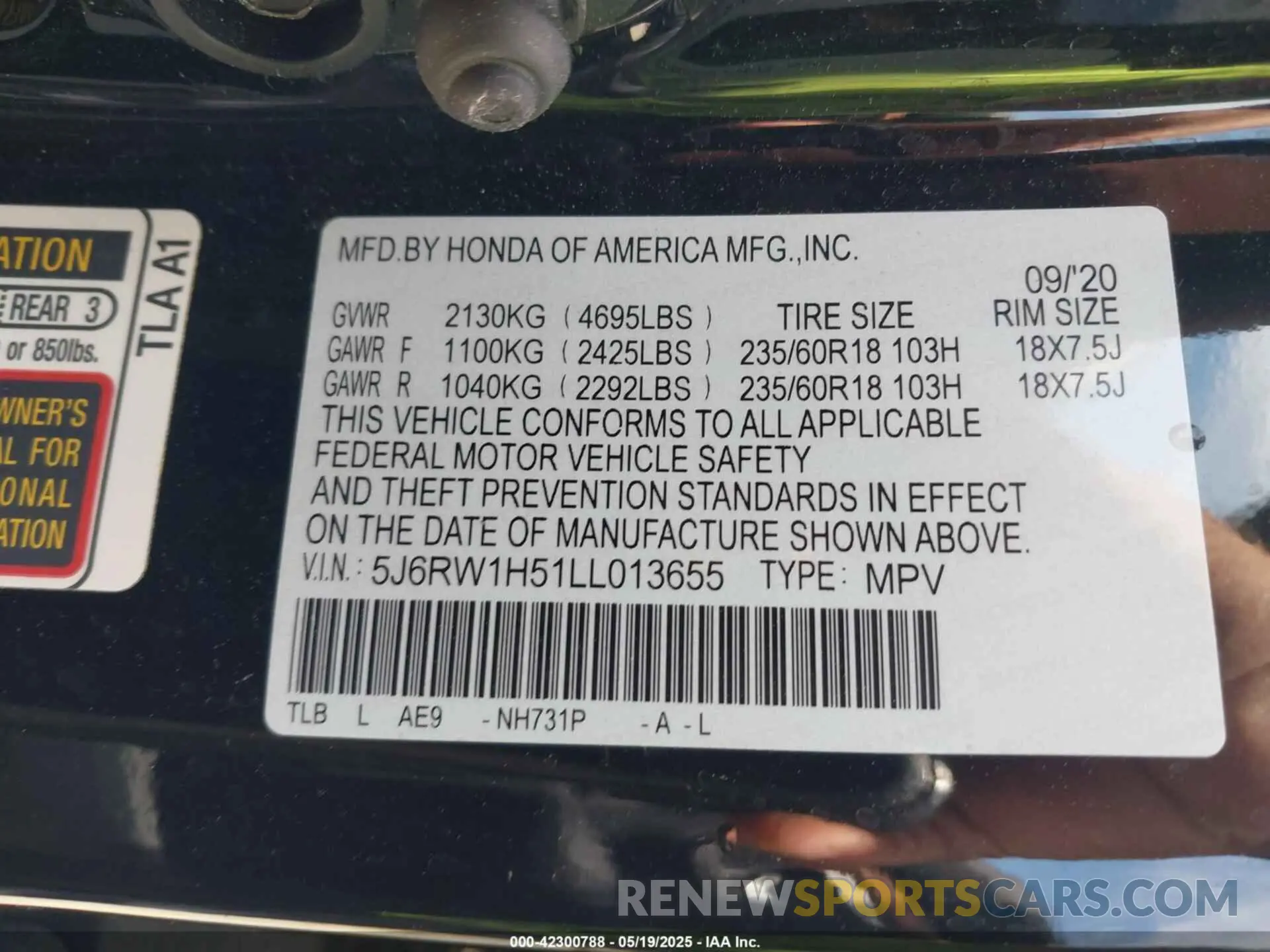 9 fotografías del automóvil dañado 5J6RW1H51LL013655 HONDA CR-V 2020