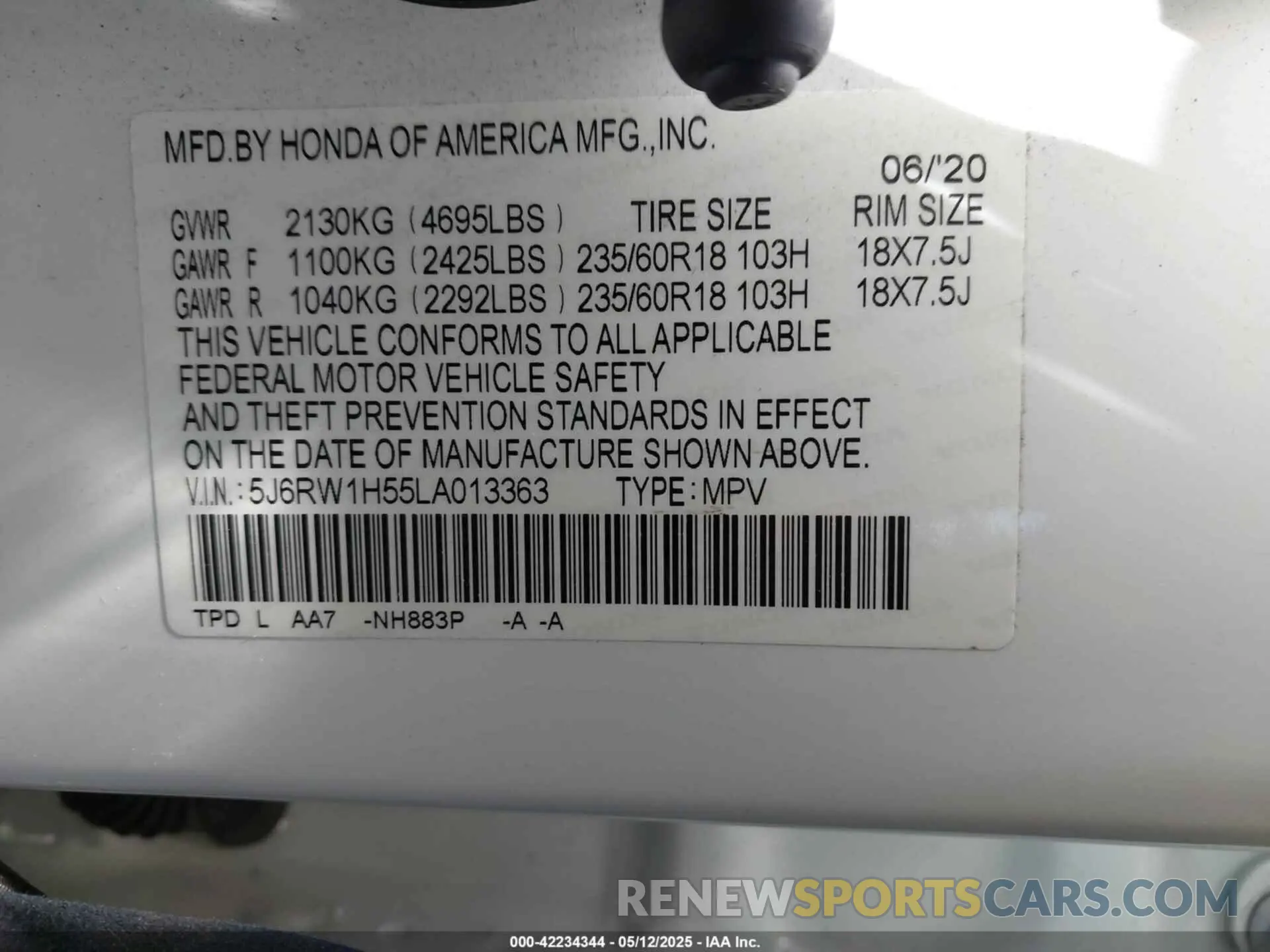 9 fotografías del automóvil dañado 5J6RW1H55LA013363 HONDA CR-V 2020