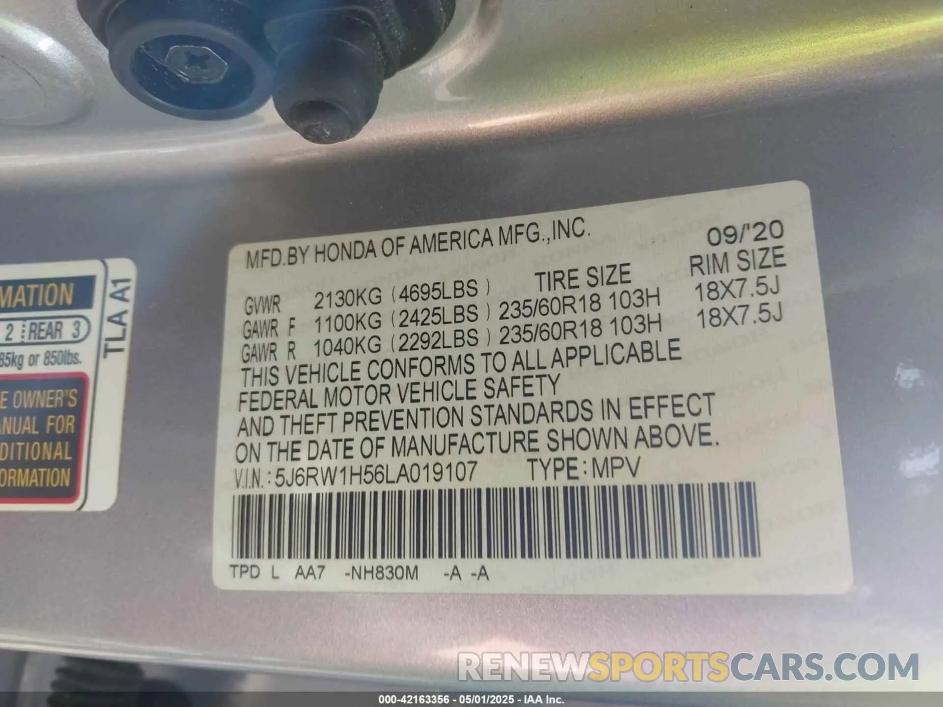 9 fotografías del automóvil dañado 5J6RW1H56LA019107 HONDA CR-V 2020