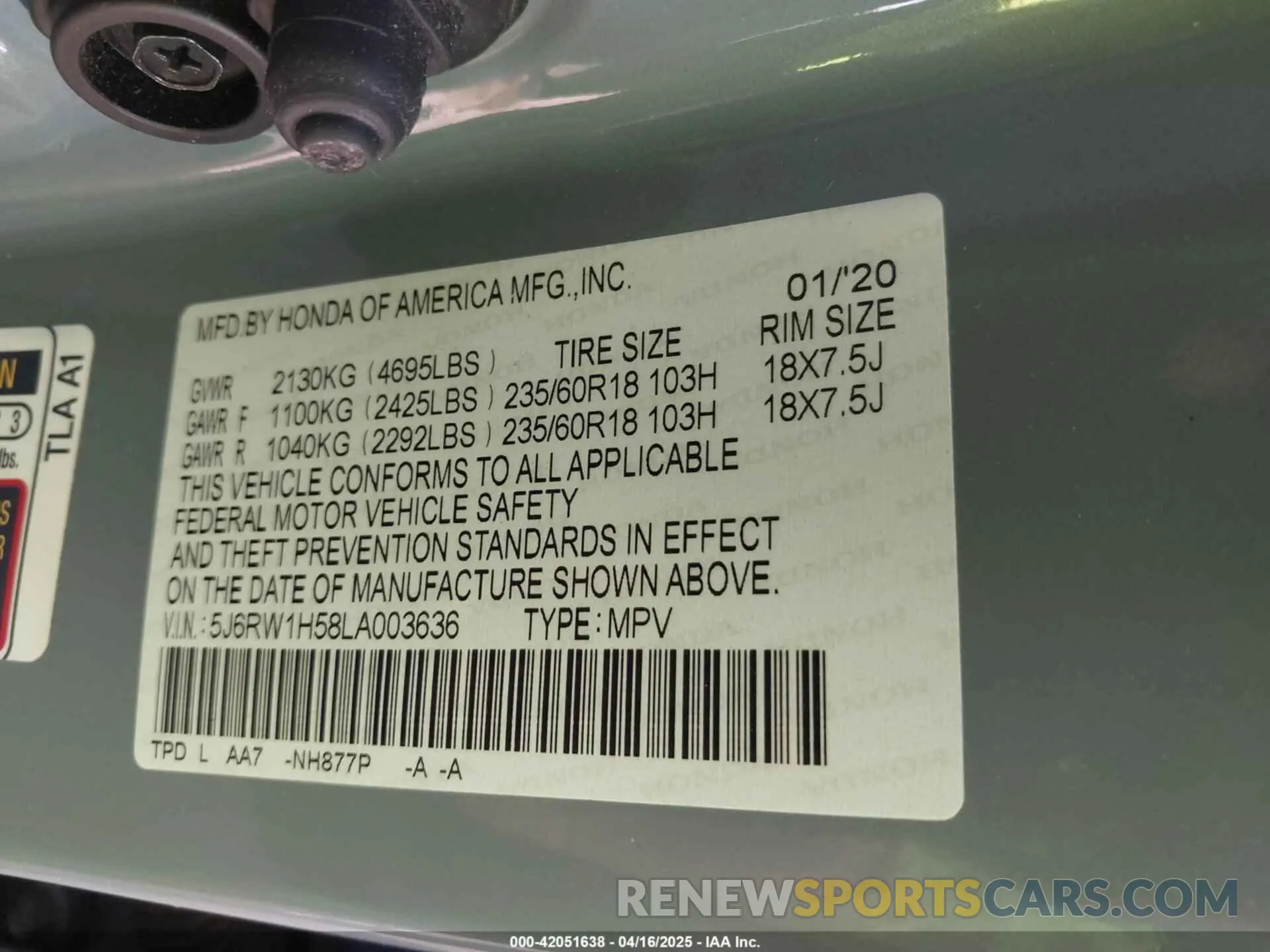 9 fotografías del automóvil dañado 5J6RW1H58LA003636 HONDA CR-V 2020