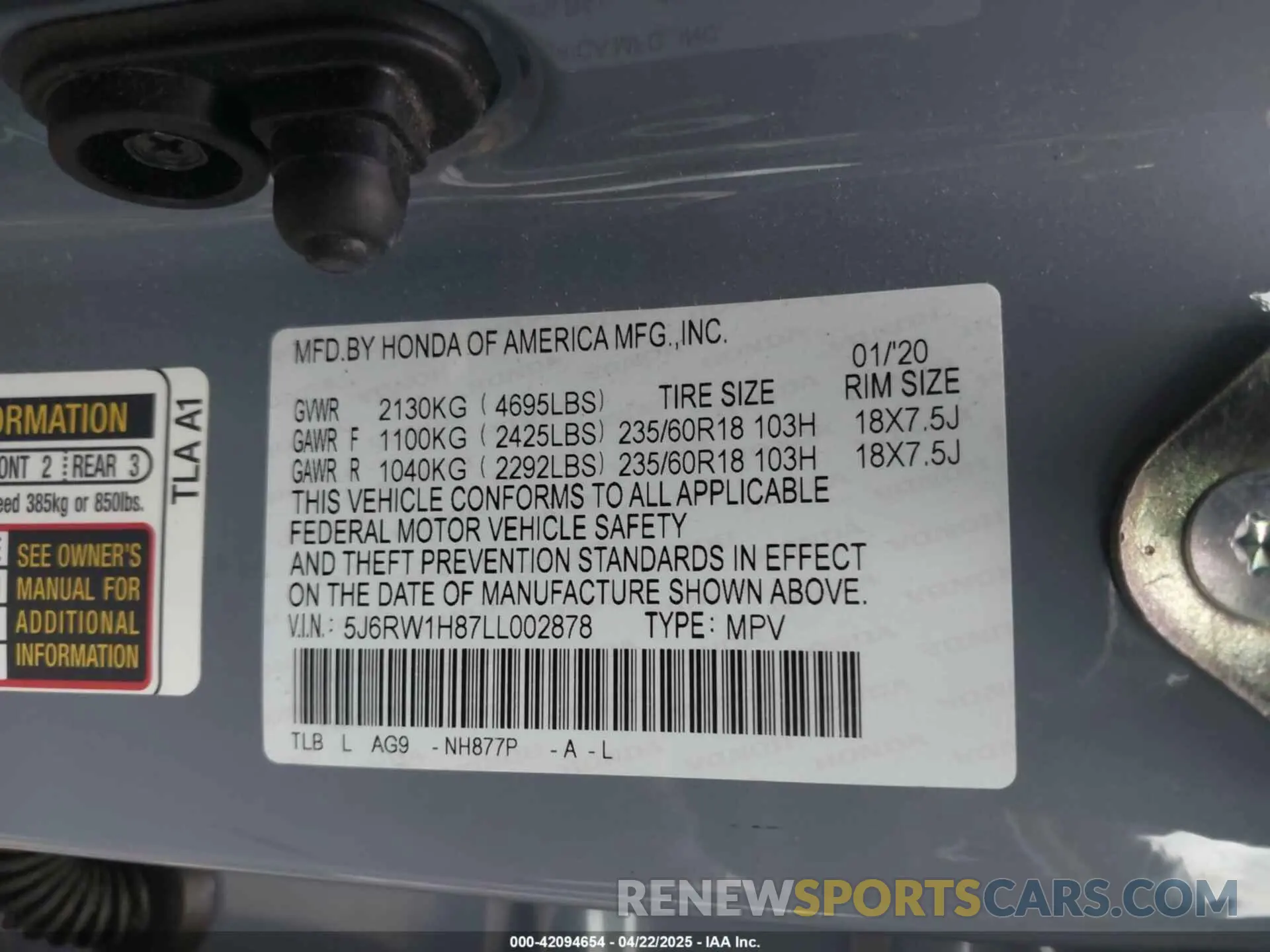 9 fotografías del automóvil dañado 5J6RW1H87LL002878 HONDA CR-V 2020