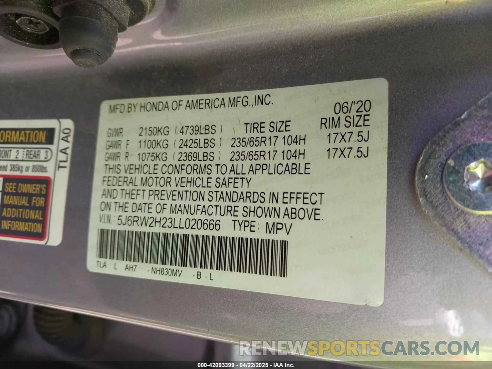 9 fotografías del automóvil dañado 5J6RW2H23LL020666 HONDA CR-V 2020