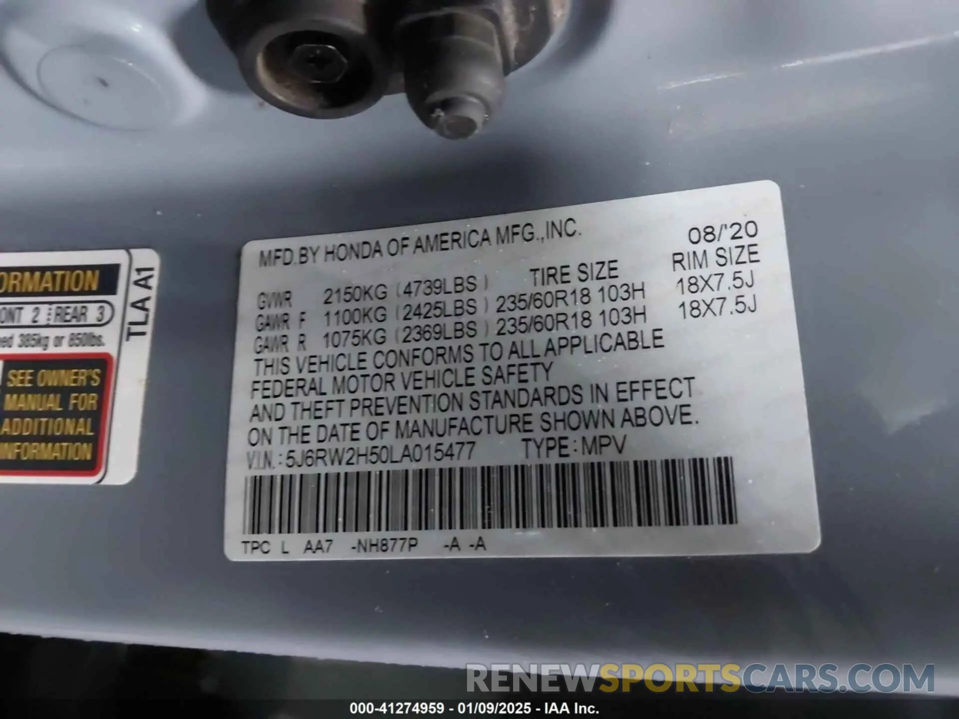 9 fotografías del automóvil dañado 5J6RW2H50LA015477 HONDA CR-V 2020