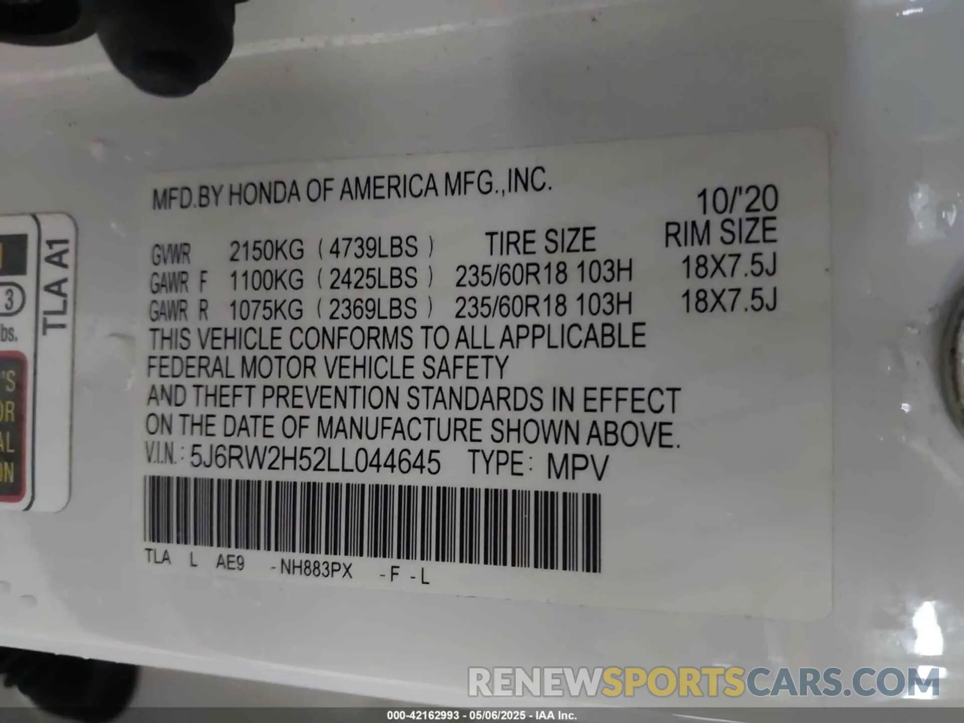 9 fotografías del automóvil dañado 5J6RW2H52LL044645 HONDA CR-V 2020