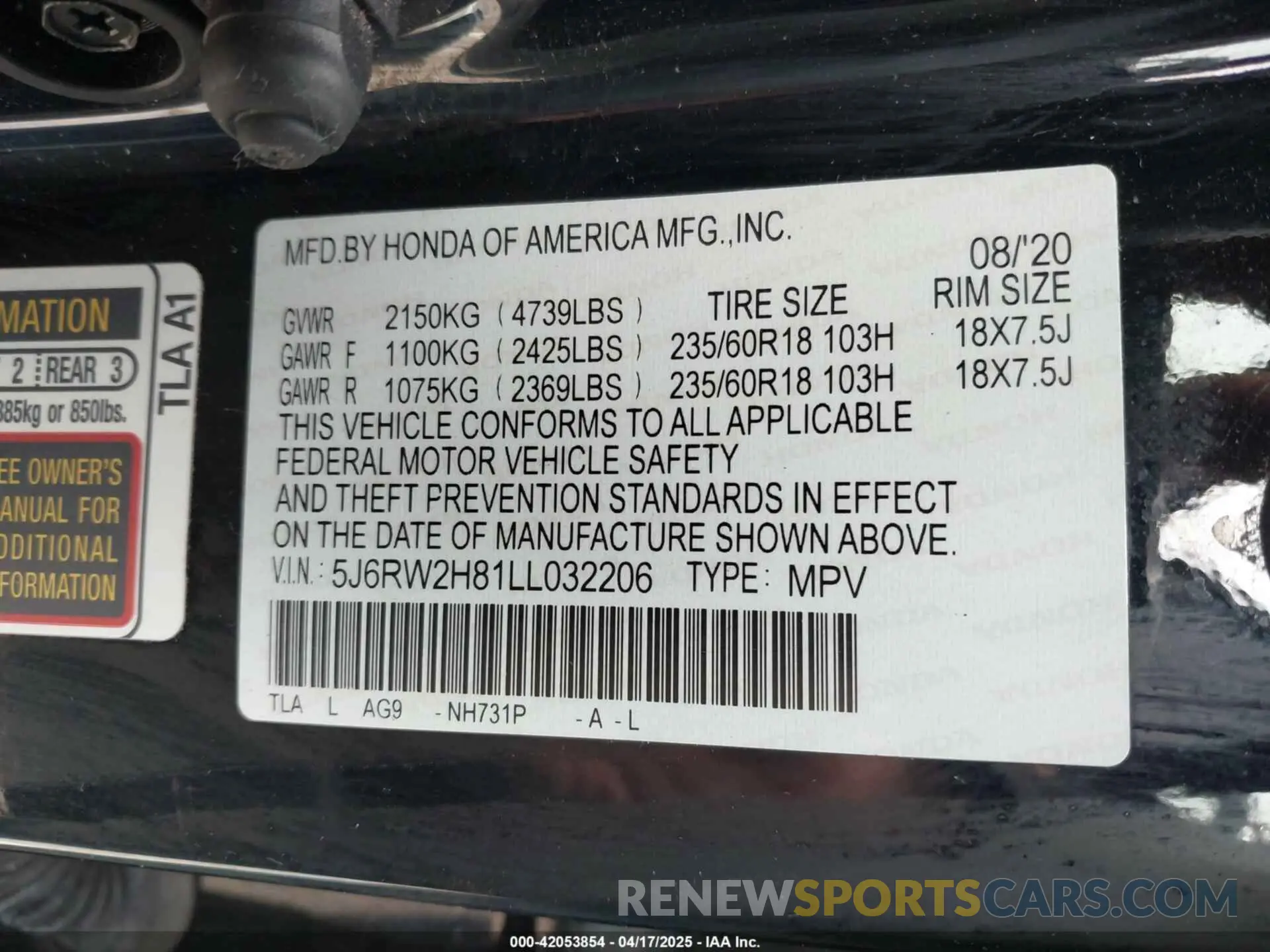 9 fotografías del automóvil dañado 5J6RW2H81LL032206 HONDA CR-V 2020