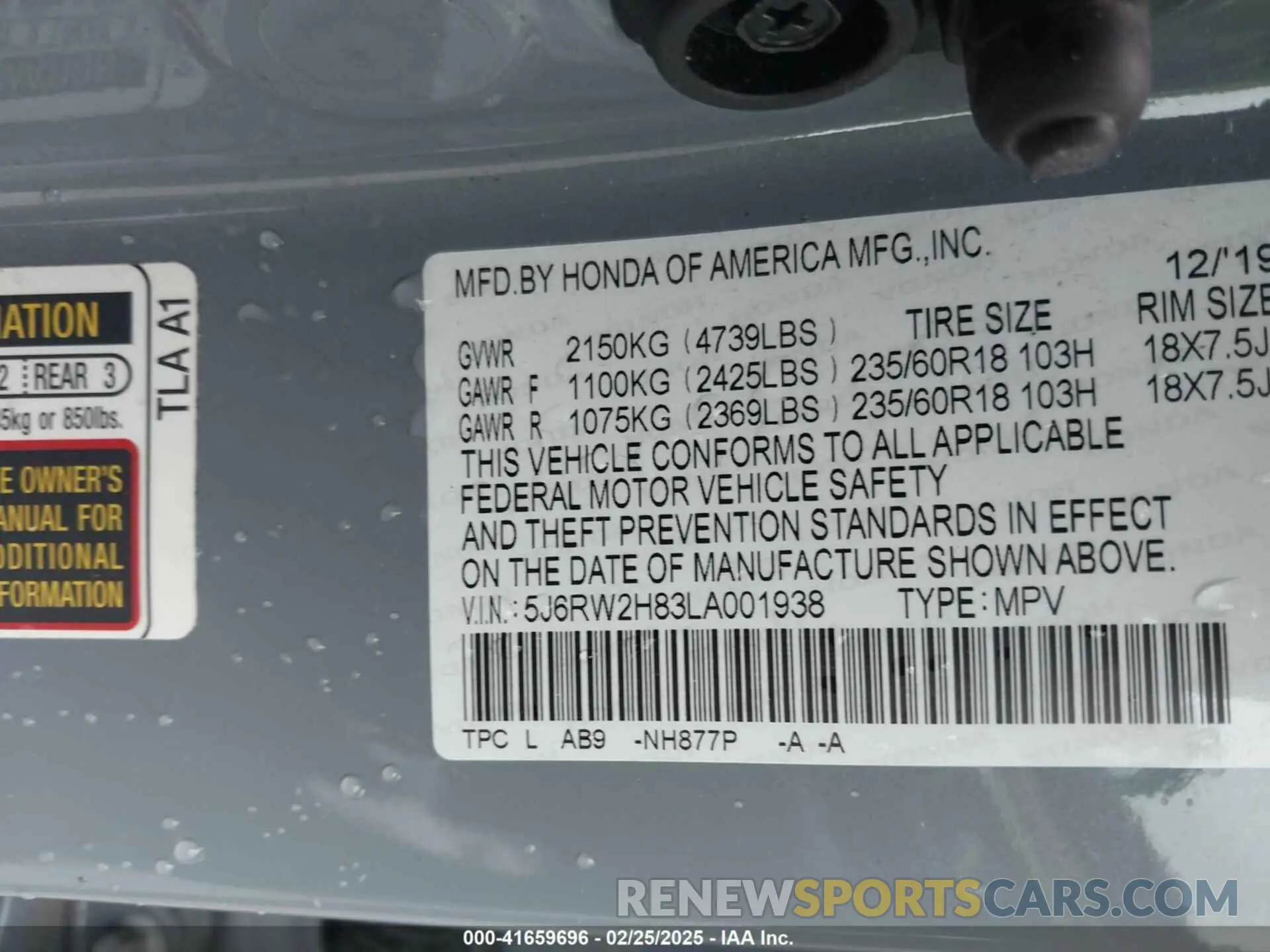 9 fotografías del automóvil dañado 5J6RW2H83LA001938 HONDA CR-V 2020