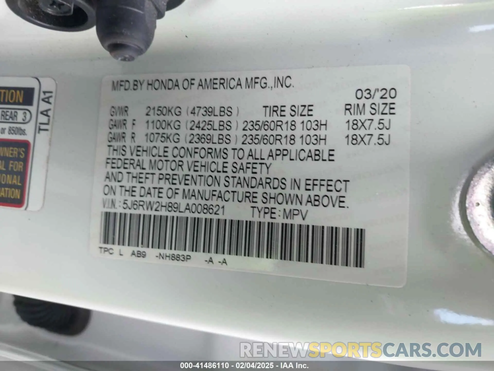 9 fotografías del automóvil dañado 5J6RW2H89LA008621 HONDA CR-V 2020