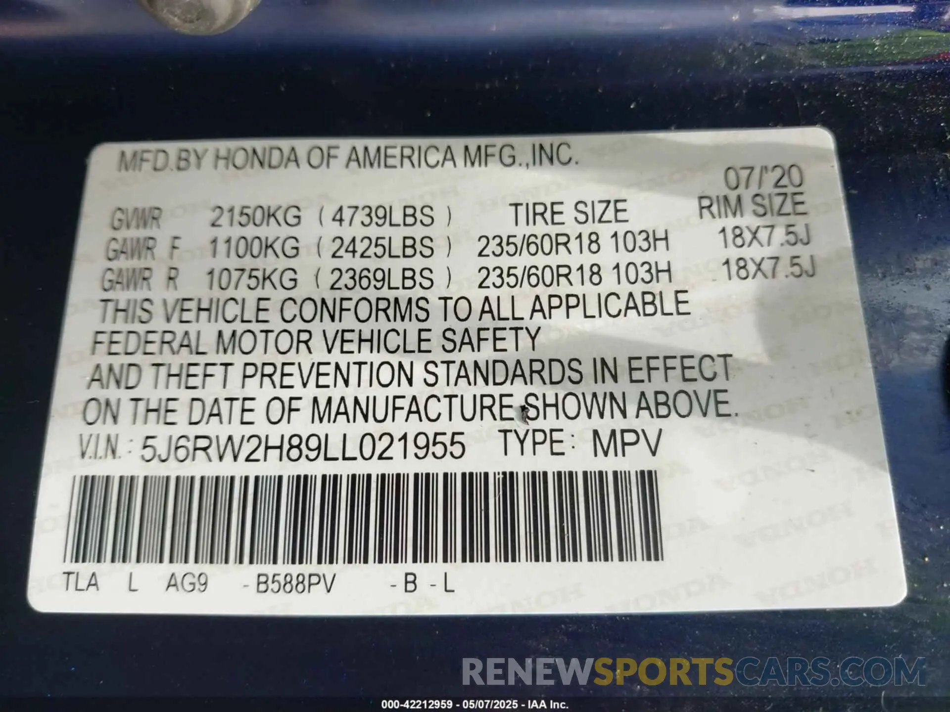 9 fotografías del automóvil dañado 5J6RW2H89LL021955 HONDA CR-V 2020