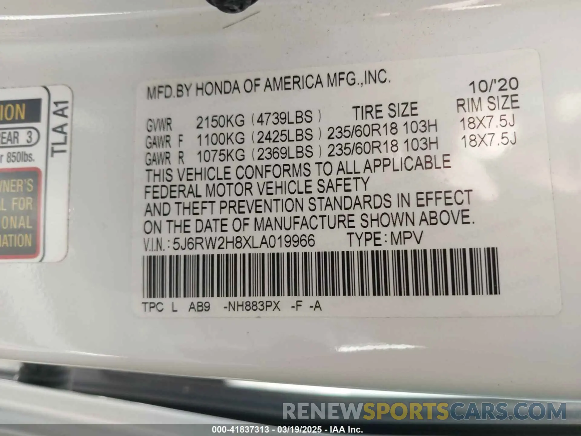 9 fotografías del automóvil dañado 5J6RW2H8XLA019966 HONDA CR-V 2020