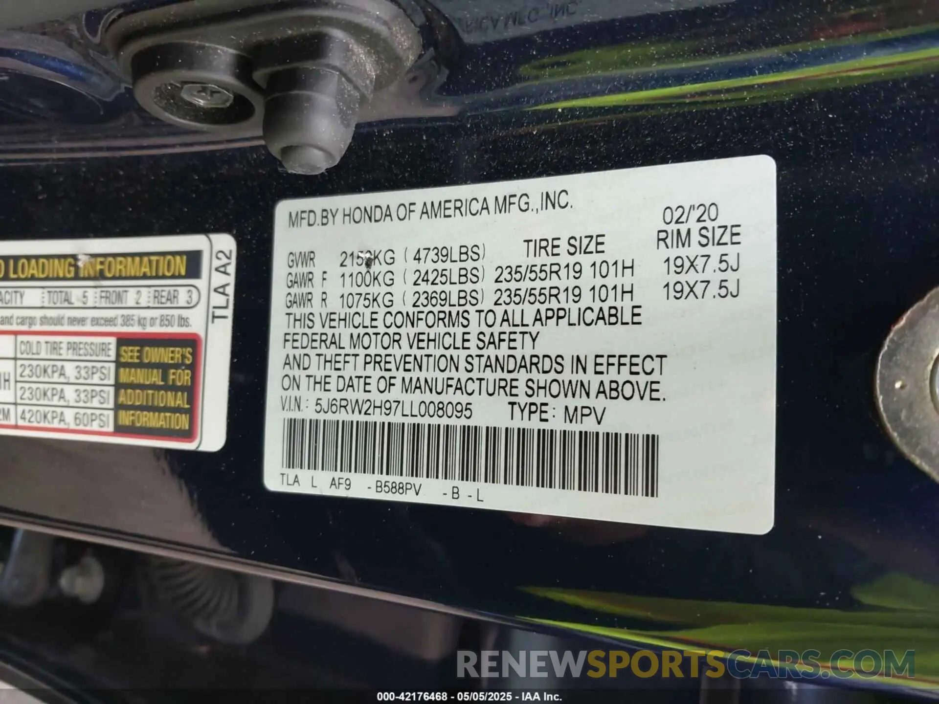 9 fotografías del automóvil dañado 5J6RW2H97LL008095 HONDA CR-V 2020