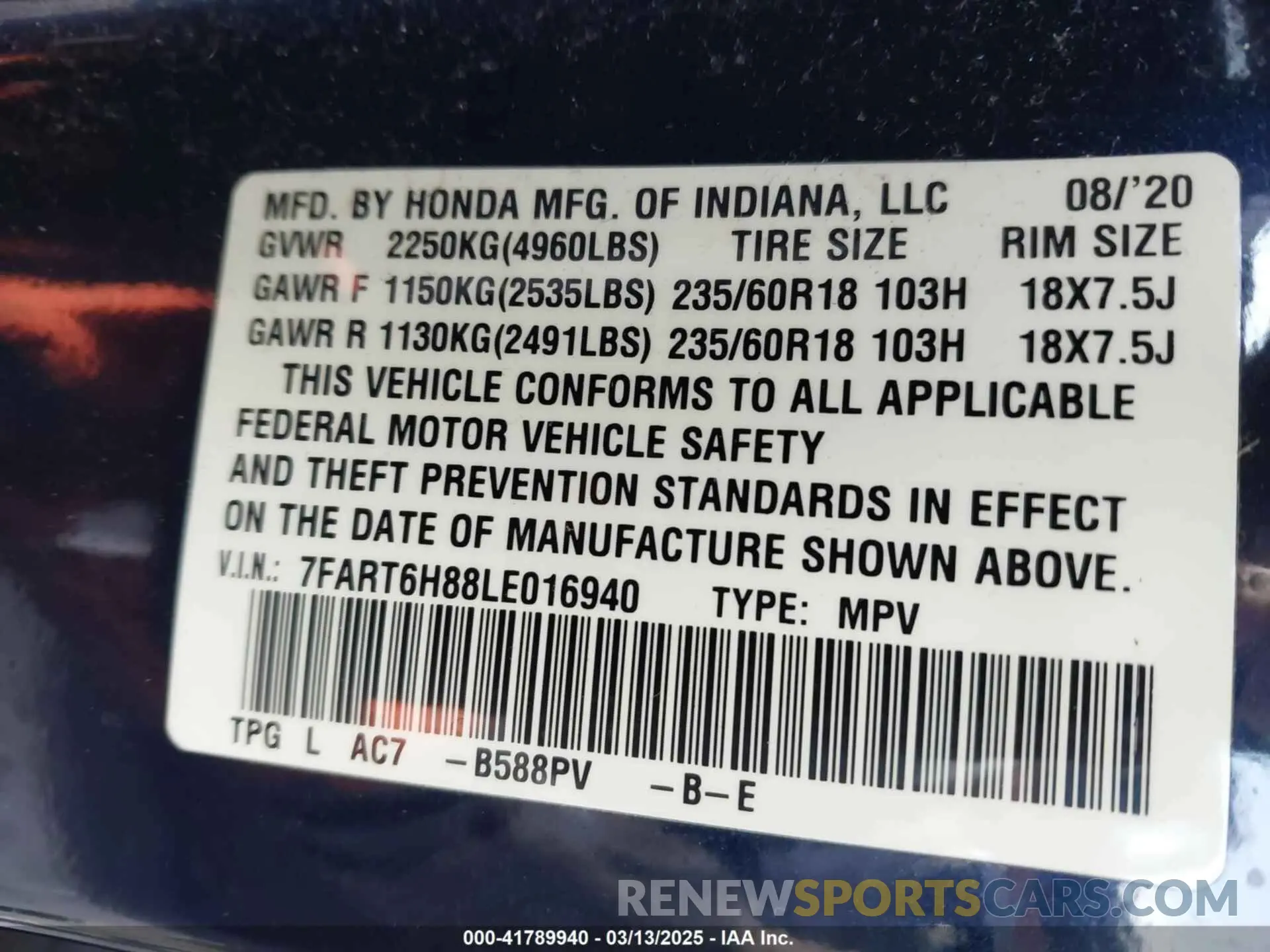 9 fotografías del automóvil dañado 7FART6H88LE016940 HONDA CR-V 2020