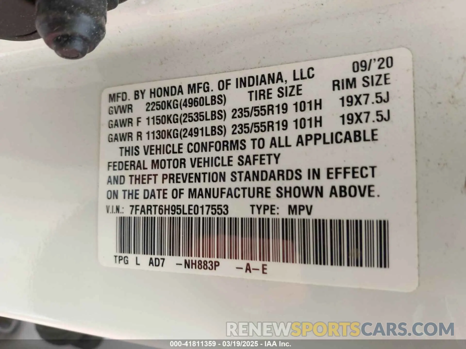 9 fotografías del automóvil dañado 7FART6H95LE017553 HONDA CR-V 2020
