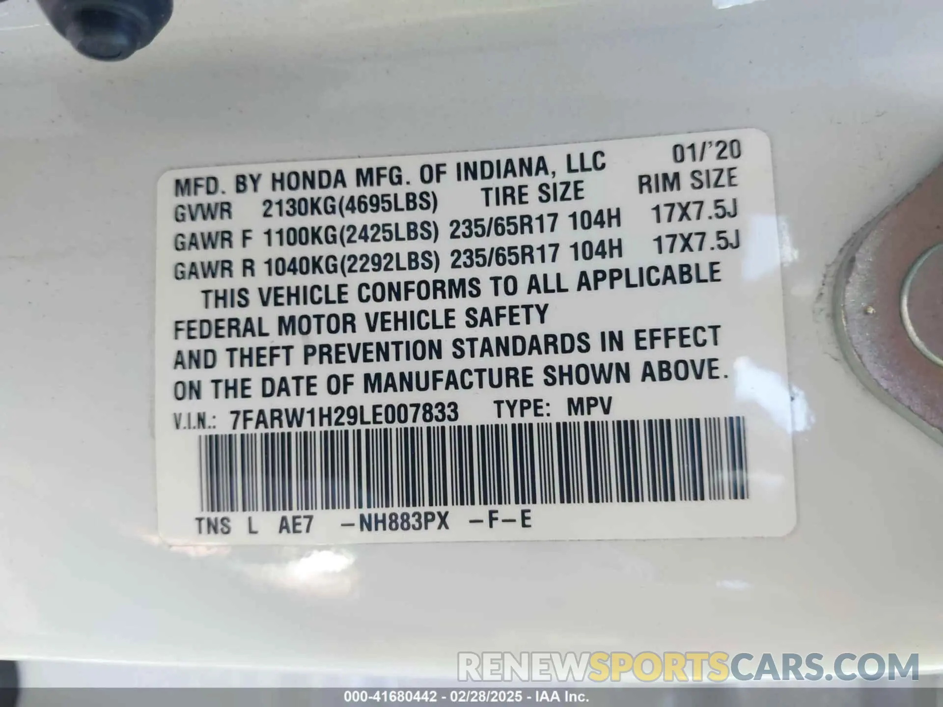9 fotografías del automóvil dañado 7FARW1H29LE007833 HONDA CR-V 2020