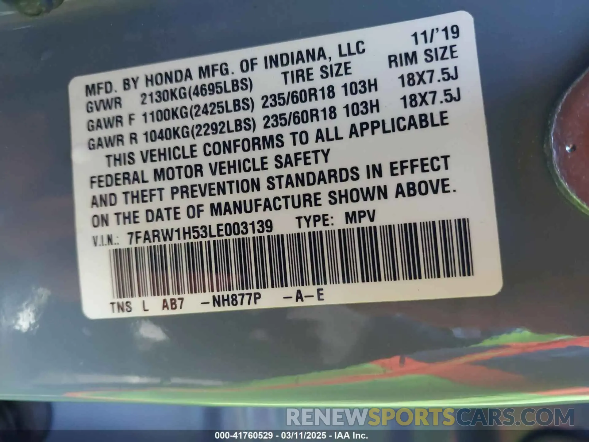 9 fotografías del automóvil dañado 7FARW1H53LE003139 HONDA CR-V 2020