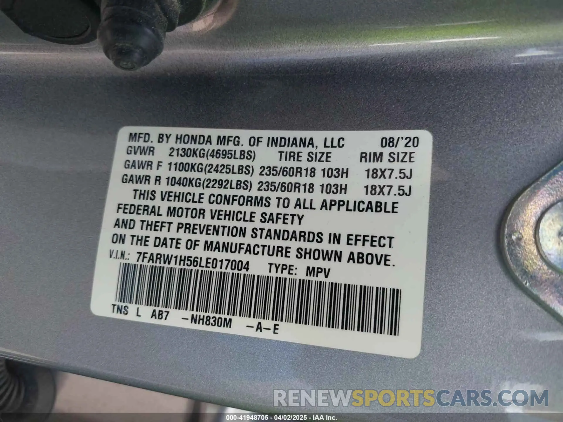 9 fotografías del automóvil dañado 7FARW1H56LE017004 HONDA CR-V 2020