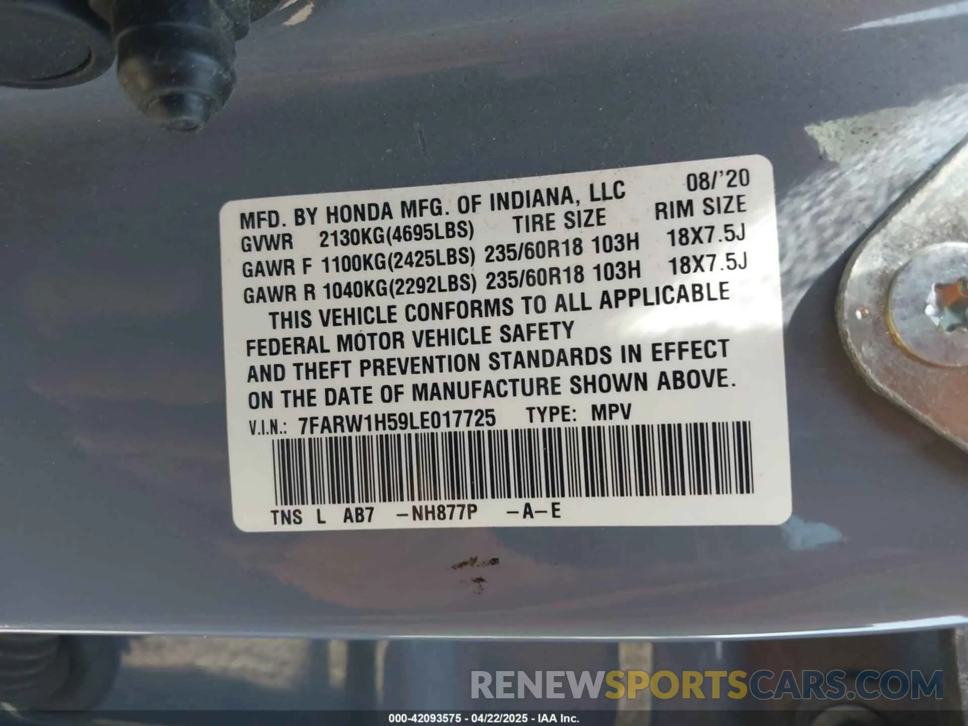 9 fotografías del automóvil dañado 7FARW1H59LE017725 HONDA CR-V 2020