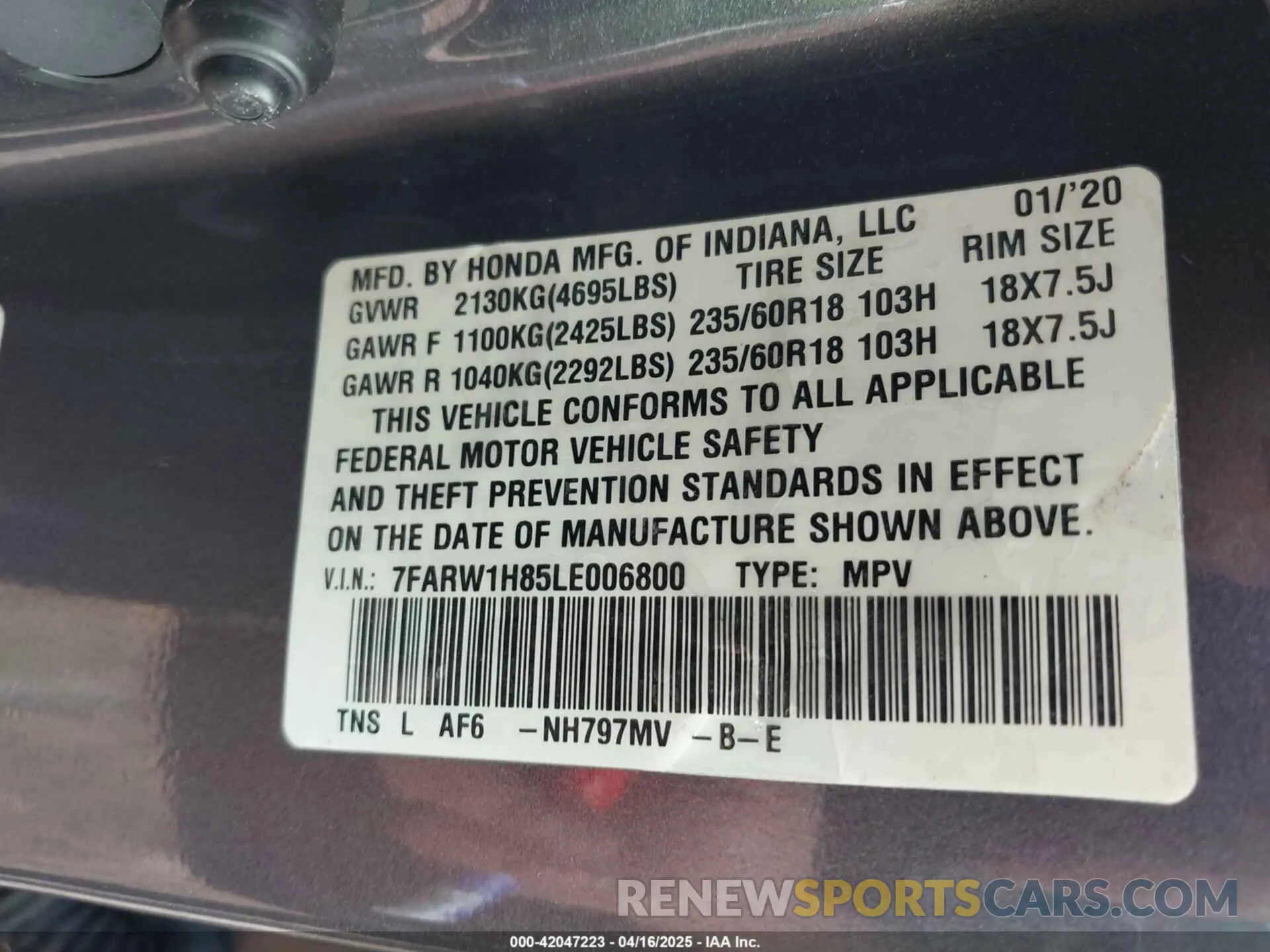 9 fotografías del automóvil dañado 7FARW1H85LE006800 HONDA CR-V 2020