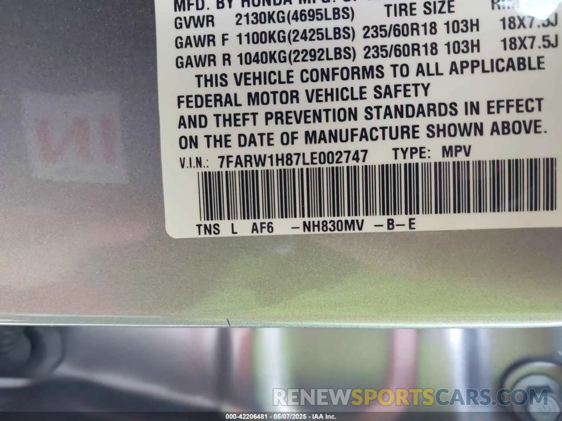 9 fotografías del automóvil dañado 7FARW1H87LE002747 HONDA CR-V 2020