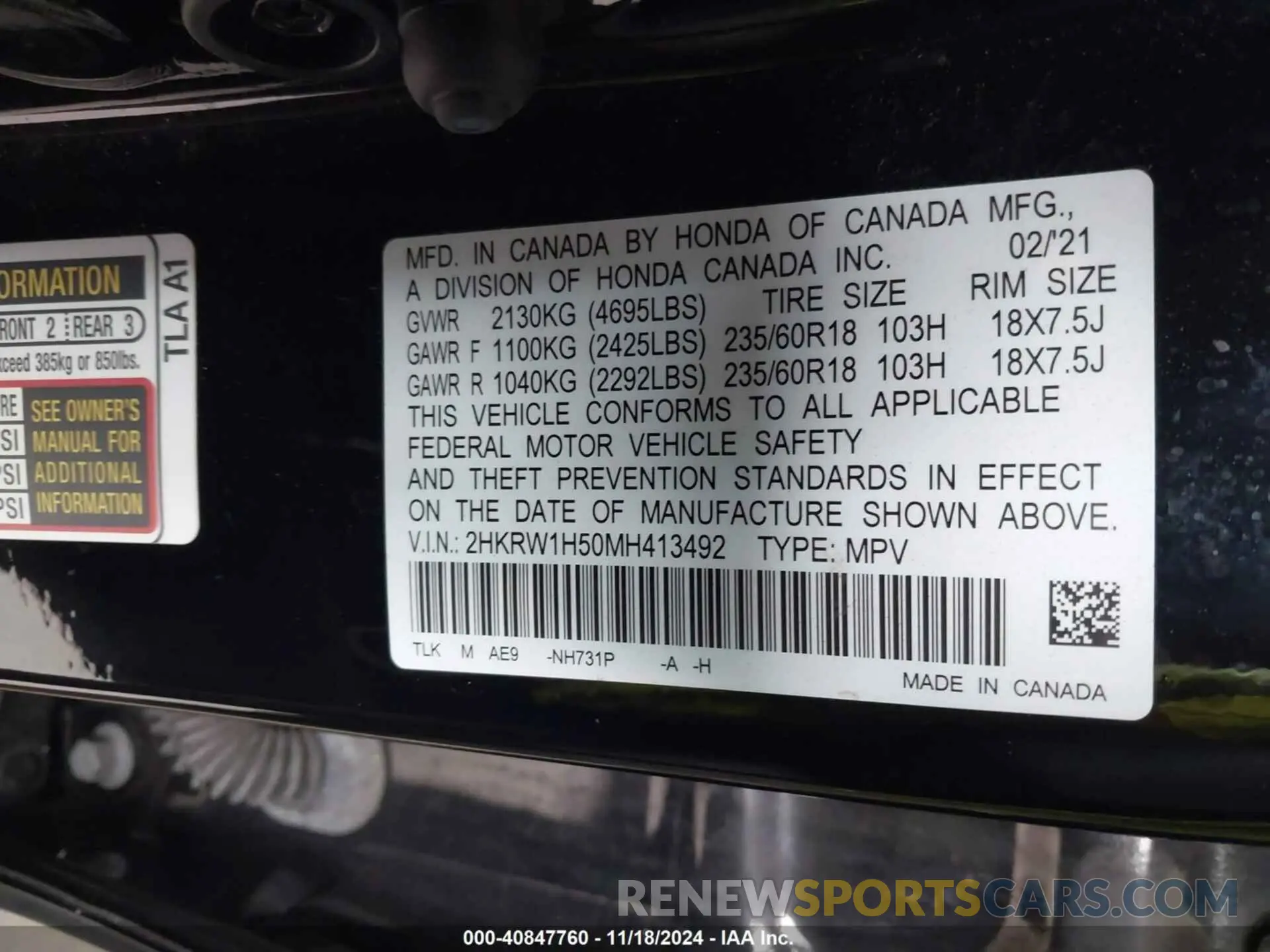 9 fotografías del automóvil dañado 2HKRW1H50MH413492 HONDA CR-V 2021