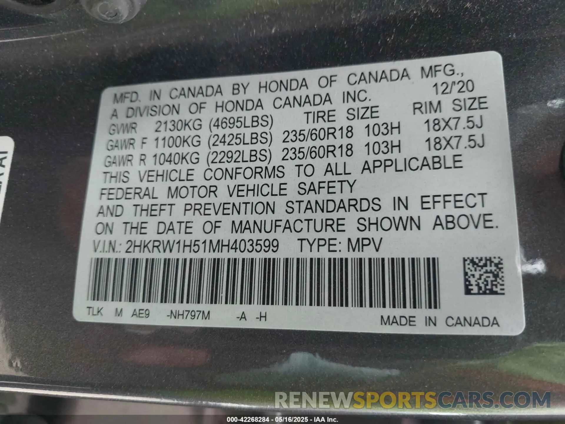 9 fotografías del automóvil dañado 2HKRW1H51MH403599 HONDA CR-V 2021