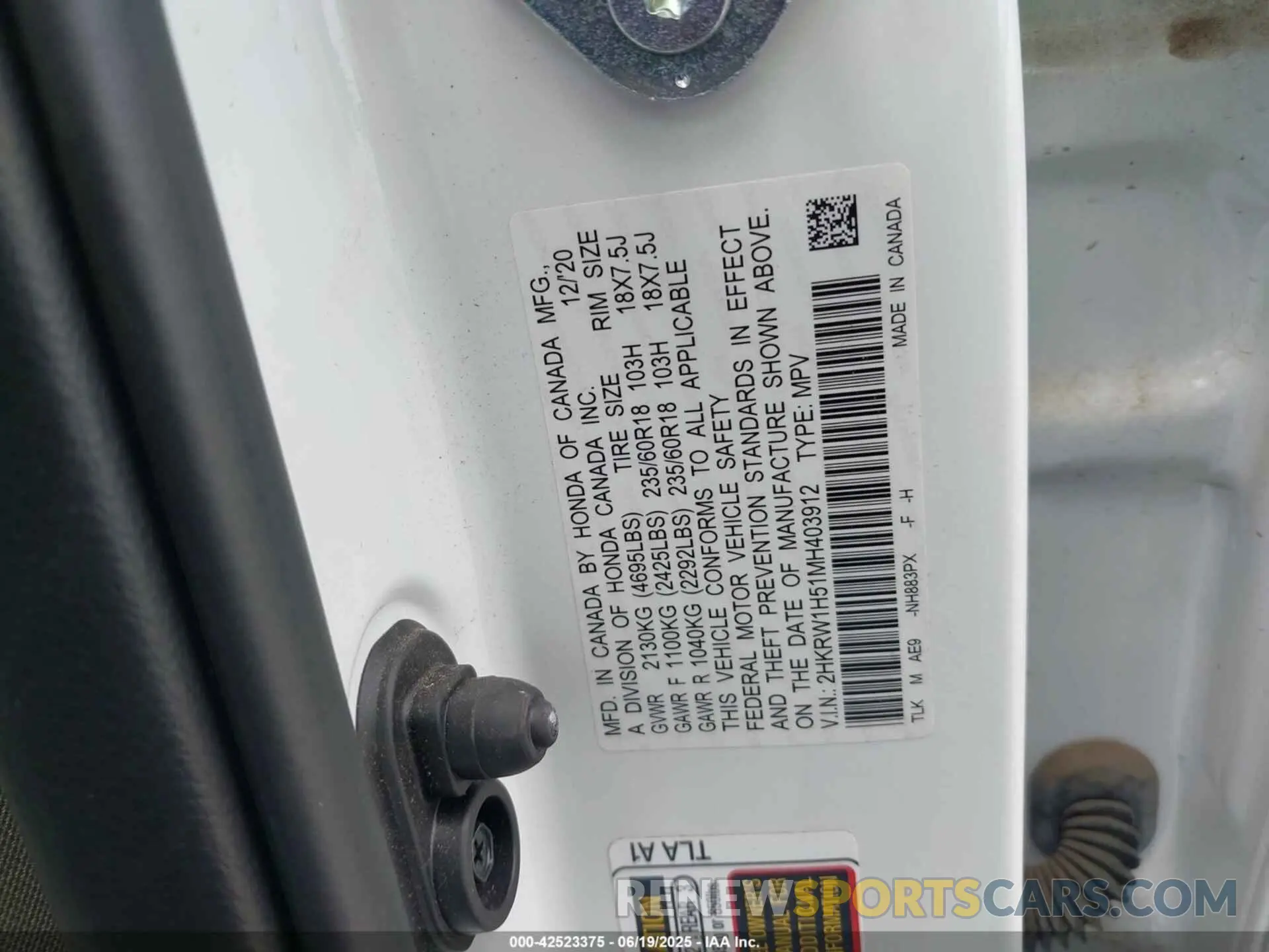 9 fotografías del automóvil dañado 2HKRW1H51MH403912 HONDA CR-V 2021