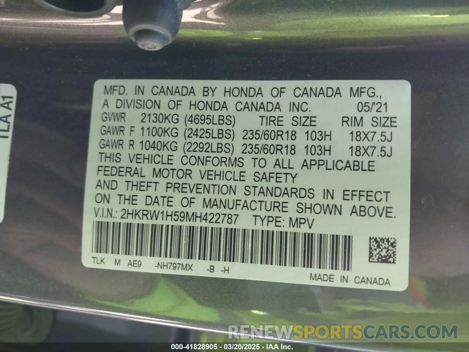 9 fotografías del automóvil dañado 2HKRW1H59MH422787 HONDA CR-V 2021