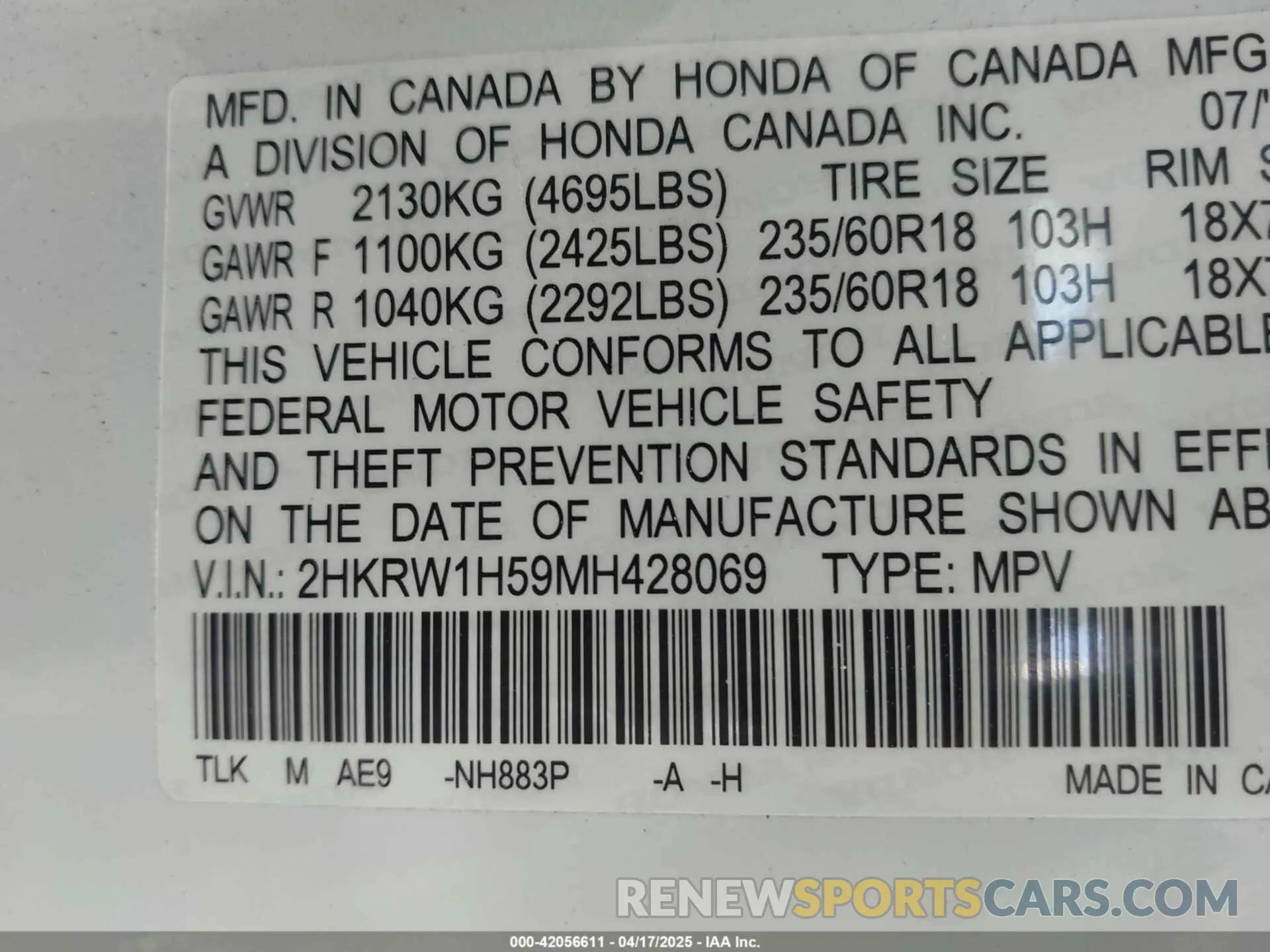9 fotografías del automóvil dañado 2HKRW1H59MH428069 HONDA CR-V 2021