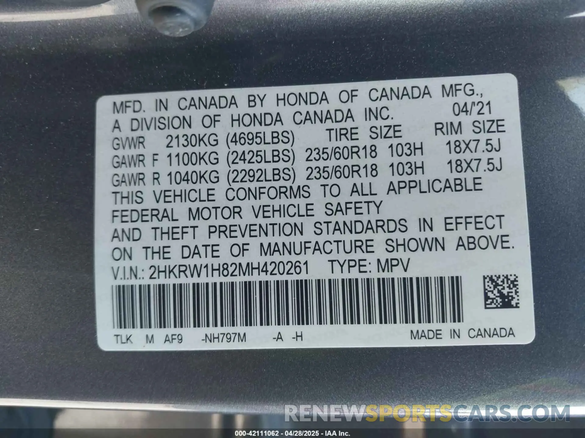 9 fotografías del automóvil dañado 2HKRW1H82MH420261 HONDA CR-V 2021