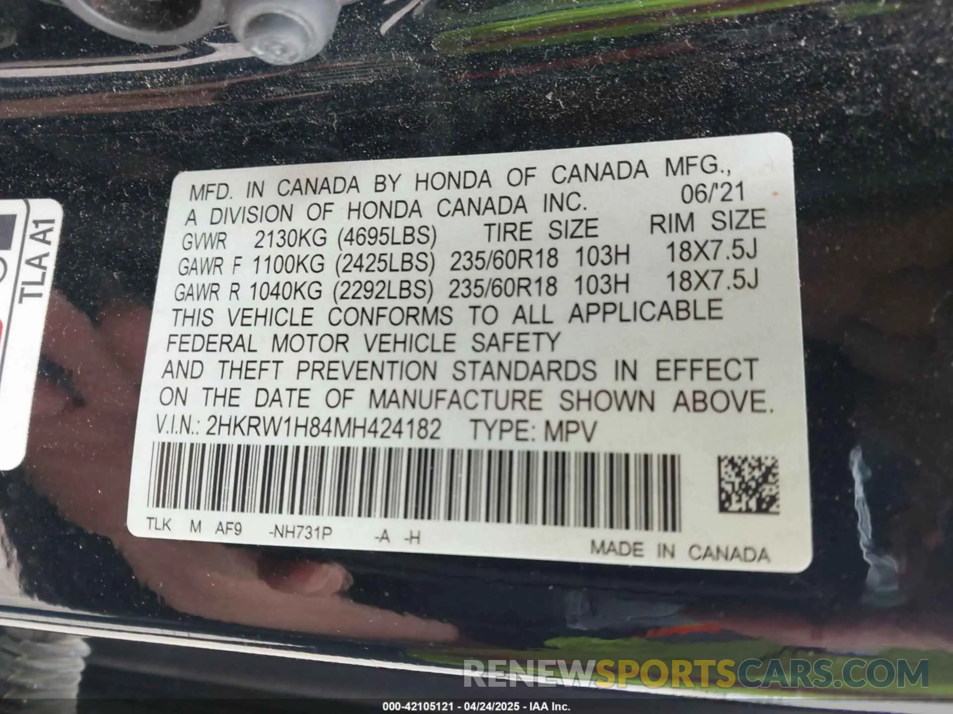 9 fotografías del automóvil dañado 2HKRW1H84MH424182 HONDA CR-V 2021