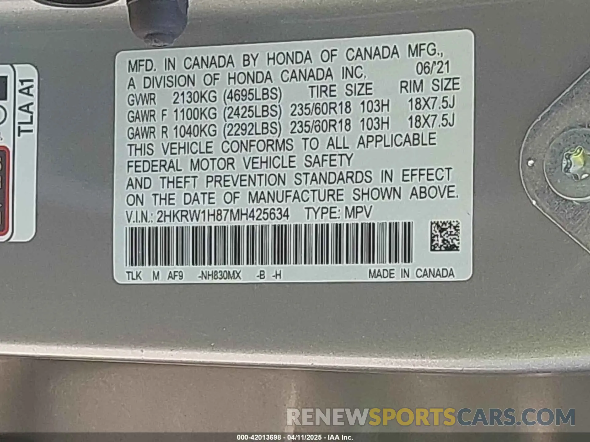 9 fotografías del automóvil dañado 2HKRW1H87MH425634 HONDA CR-V 2021