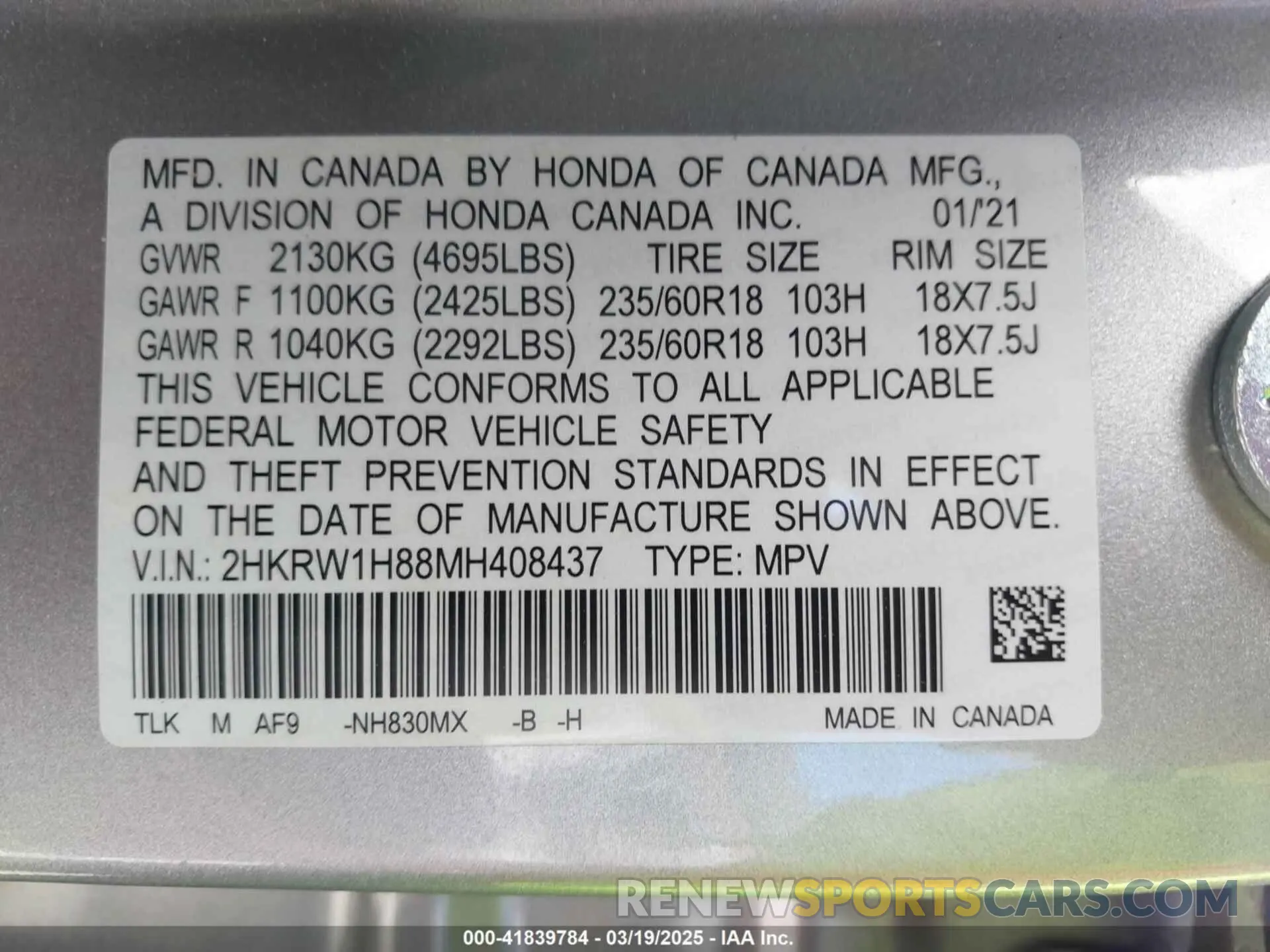 9 fotografías del automóvil dañado 2HKRW1H88MH408437 HONDA CR-V 2021