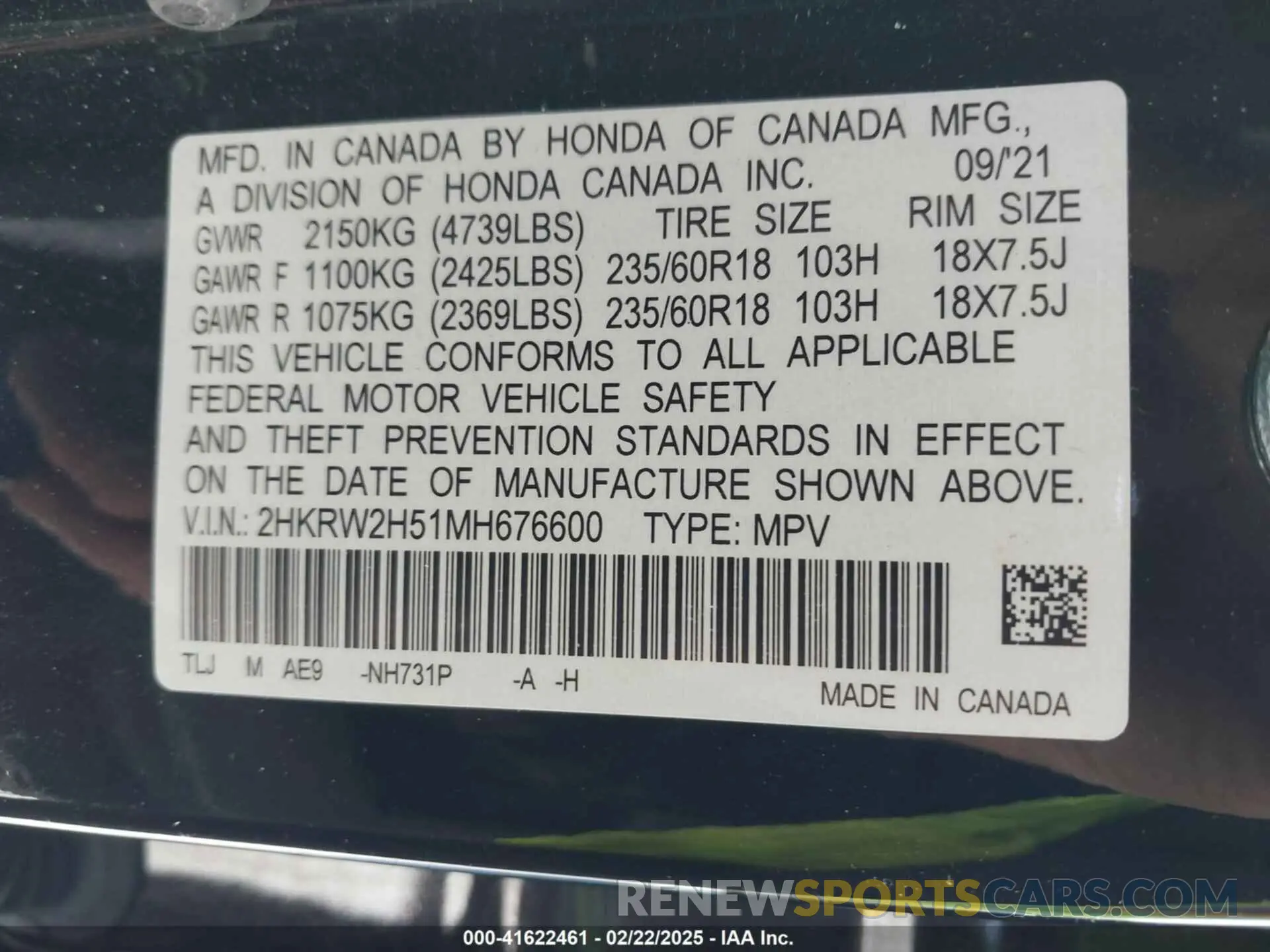 9 fotografías del automóvil dañado 2HKRW2H51MH676600 HONDA CR-V 2021