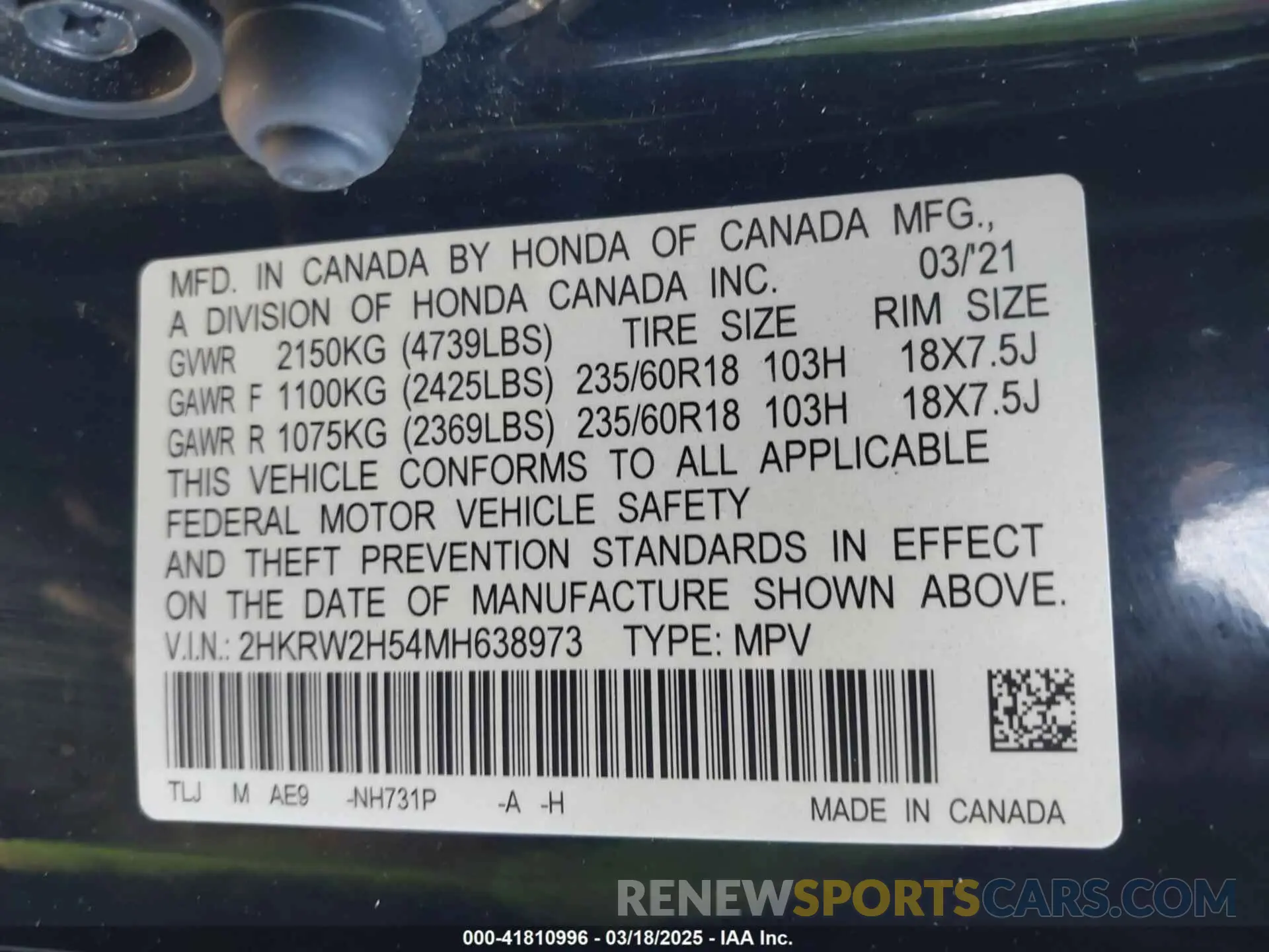 9 fotografías del automóvil dañado 2HKRW2H54MH638973 HONDA CR-V 2021