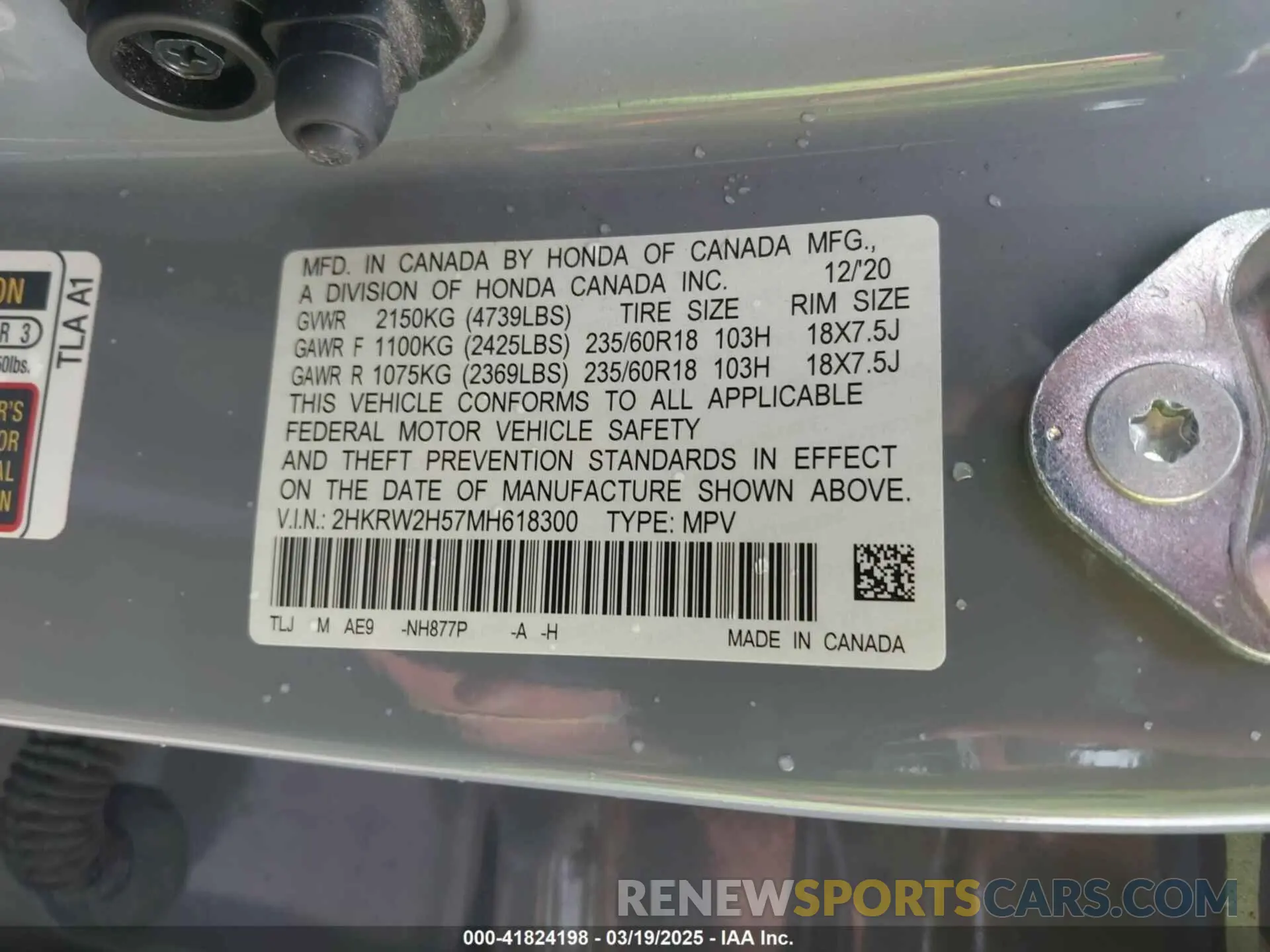 9 fotografías del automóvil dañado 2HKRW2H57MH618300 HONDA CR-V 2021