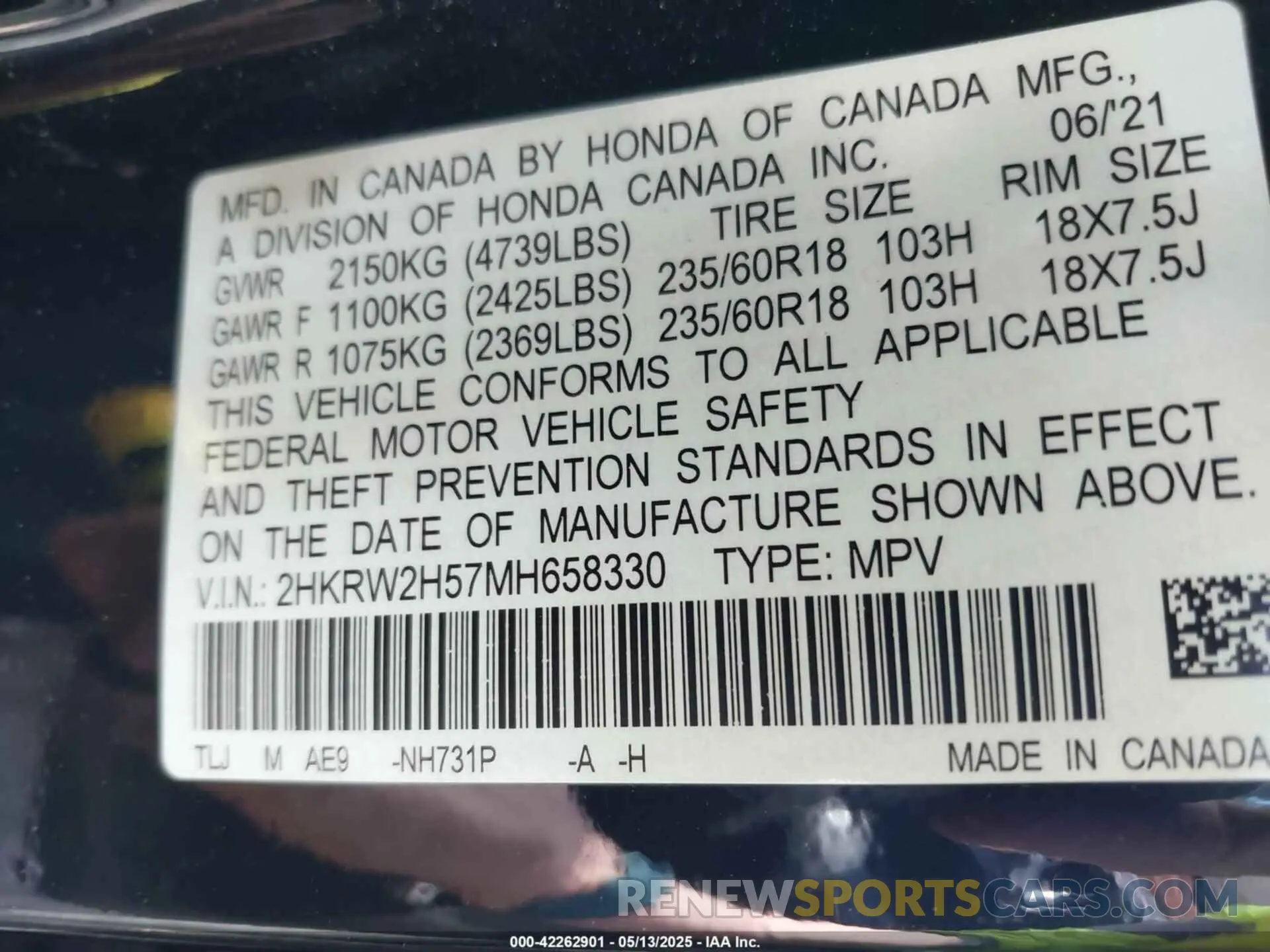 9 fotografías del automóvil dañado 2HKRW2H57MH658330 HONDA CR-V 2021