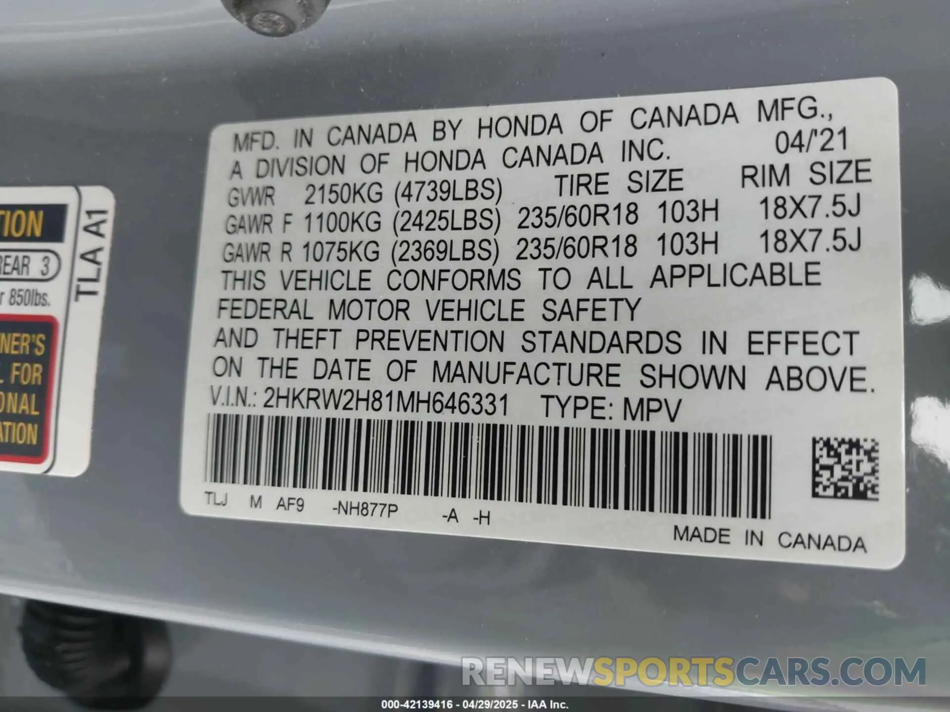 9 fotografías del automóvil dañado 2HKRW2H81MH646331 HONDA CR-V 2021