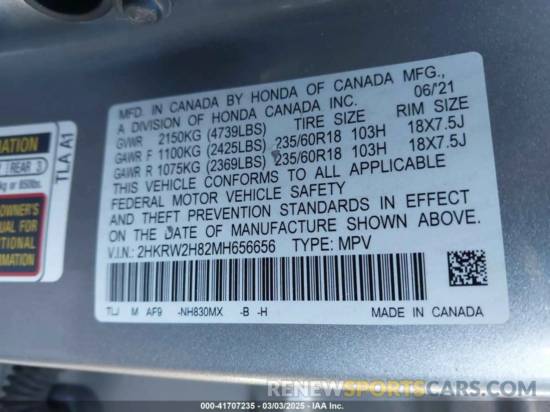 9 fotografías del automóvil dañado 2HKRW2H82MH656656 HONDA CR-V 2021