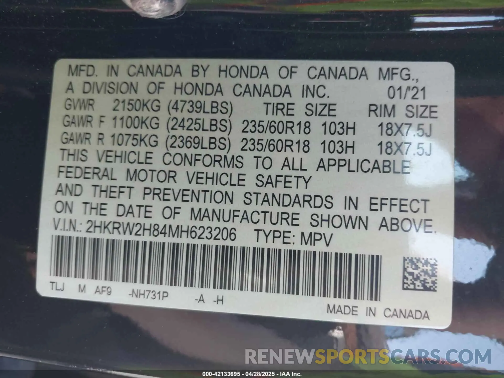 9 fotografías del automóvil dañado 2HKRW2H84MH623206 HONDA CR-V 2021