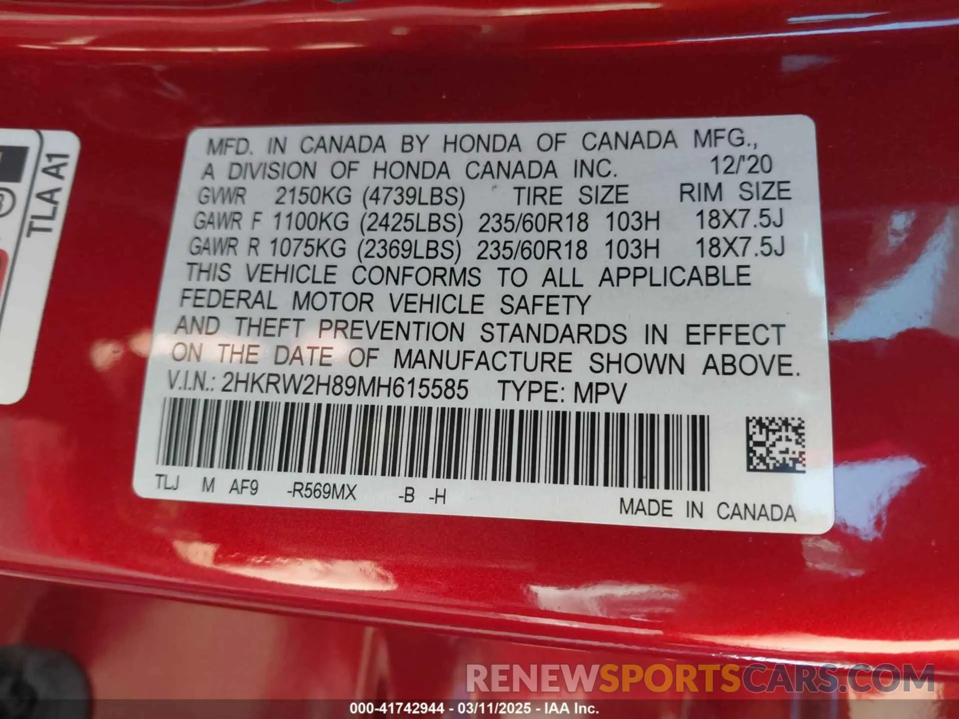 9 fotografías del automóvil dañado 2HKRW2H89MH615585 HONDA CR-V 2021