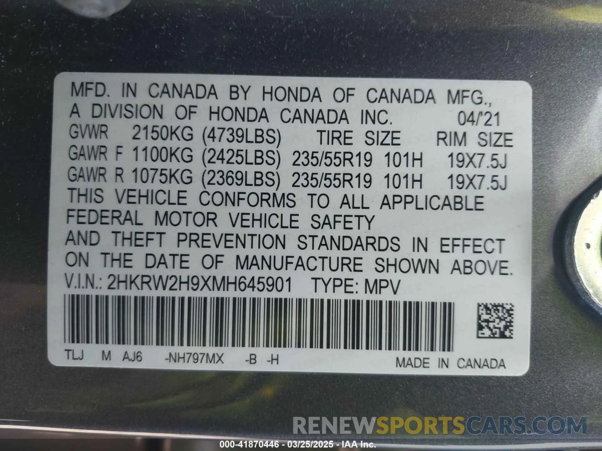 9 fotografías del automóvil dañado 2HKRW2H9XMH645901 HONDA CR-V 2021