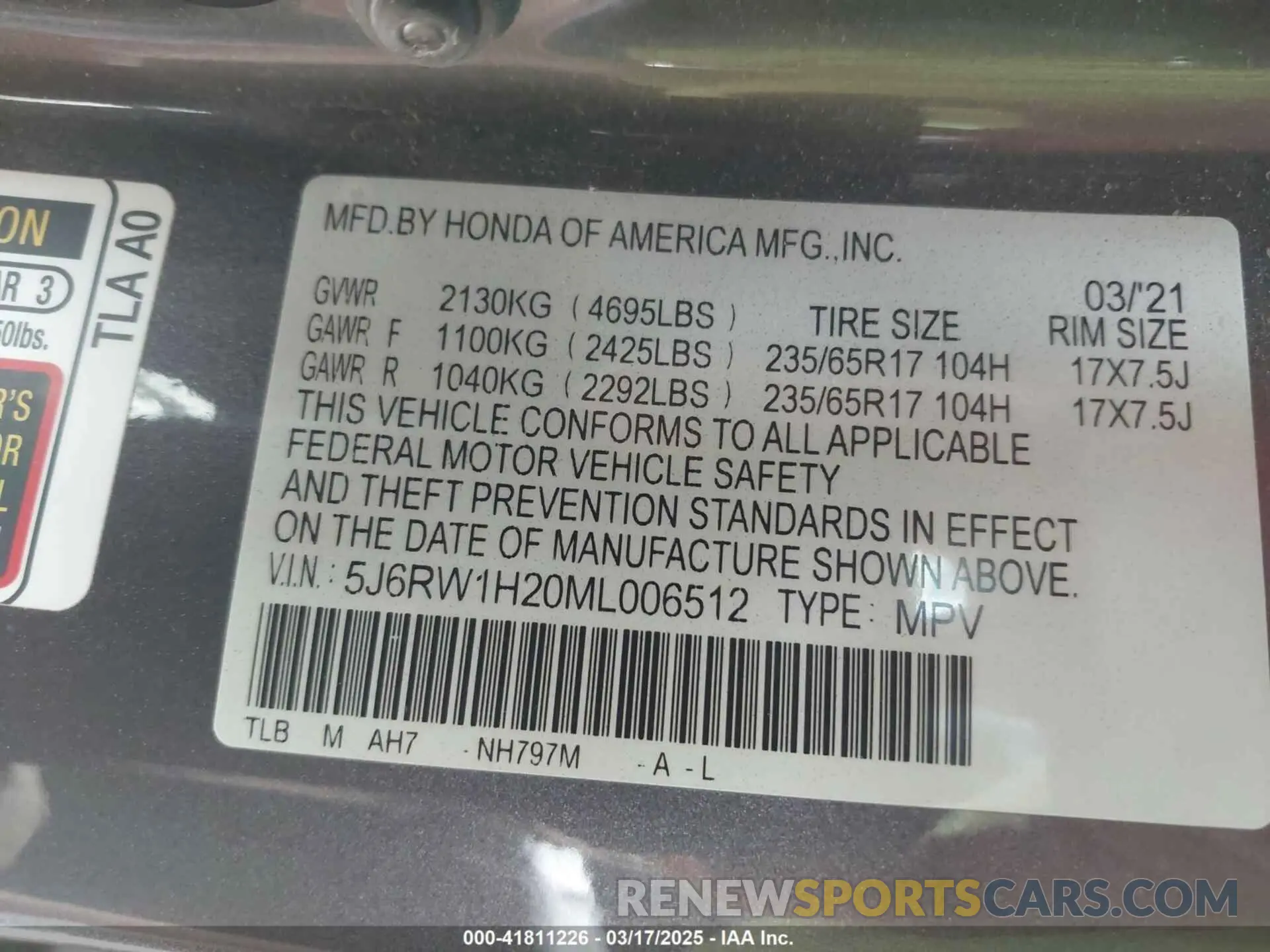 9 fotografías del automóvil dañado 5J6RW1H20ML006512 HONDA CR-V 2021