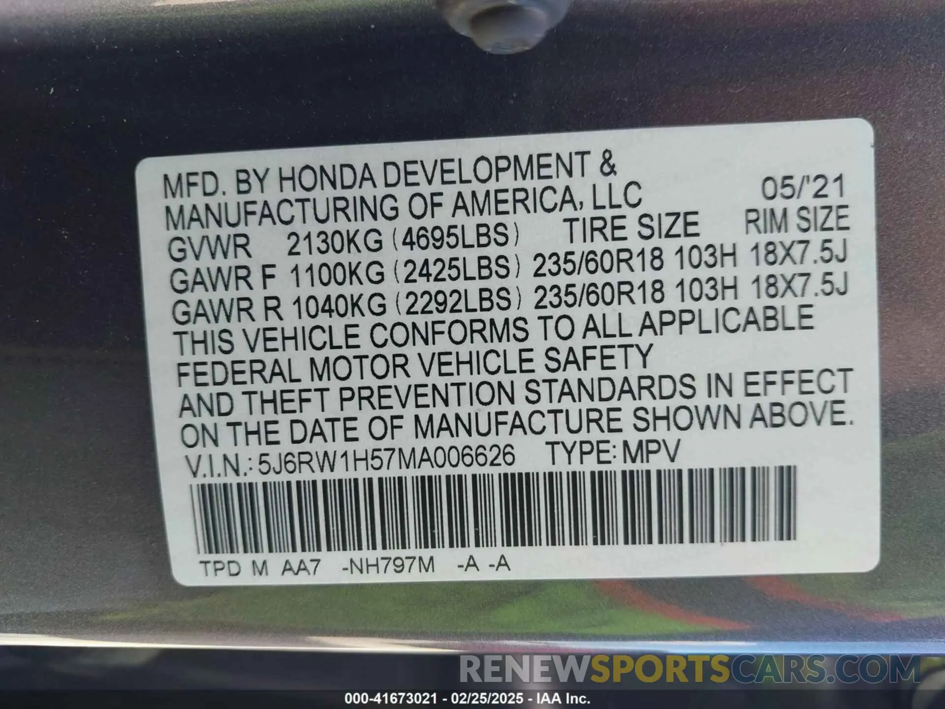 9 fotografías del automóvil dañado 5J6RW1H57MA006626 HONDA CR-V 2021