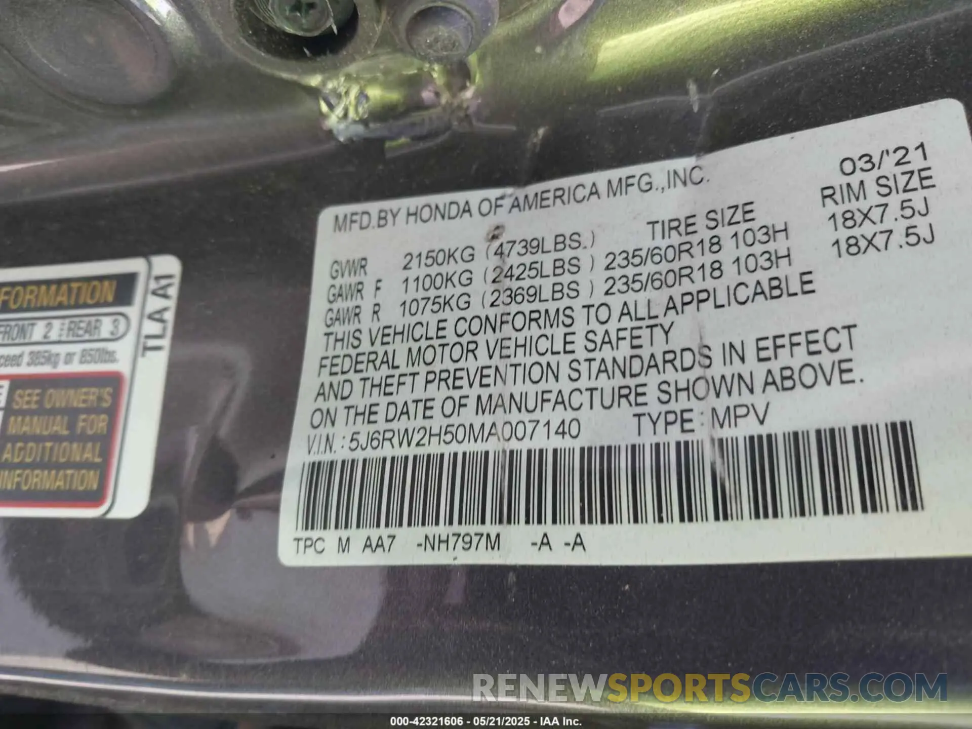 9 fotografías del automóvil dañado 5J6RW2H50MA007140 HONDA CR-V 2021